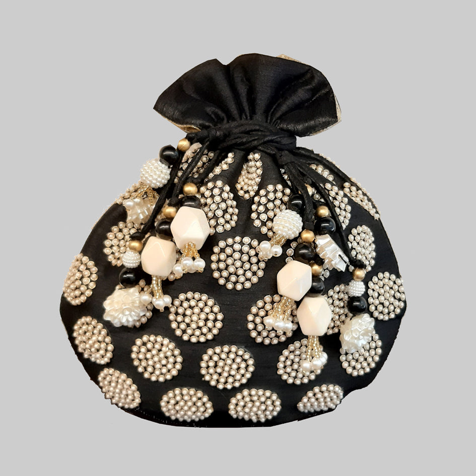 Dupion Silk Round Pearl Embroidery Black Potli