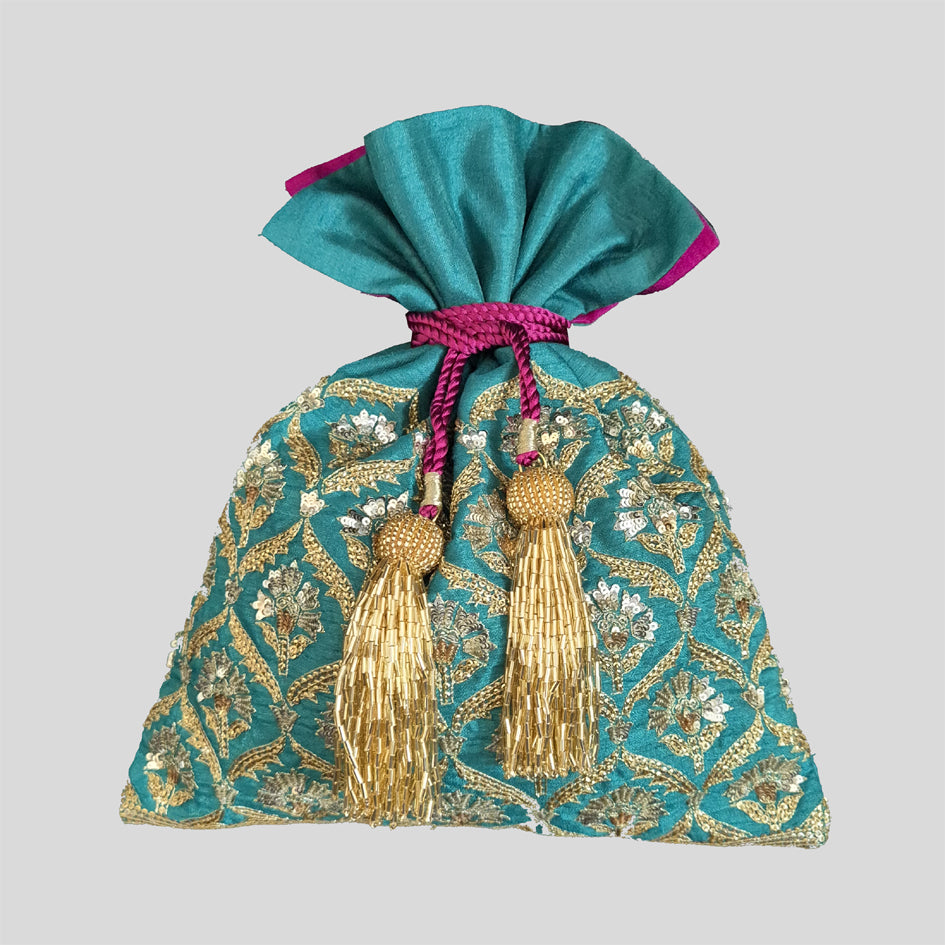 Dupion Silk Pankha Buti Jaal Embroidery Potli - Emarald