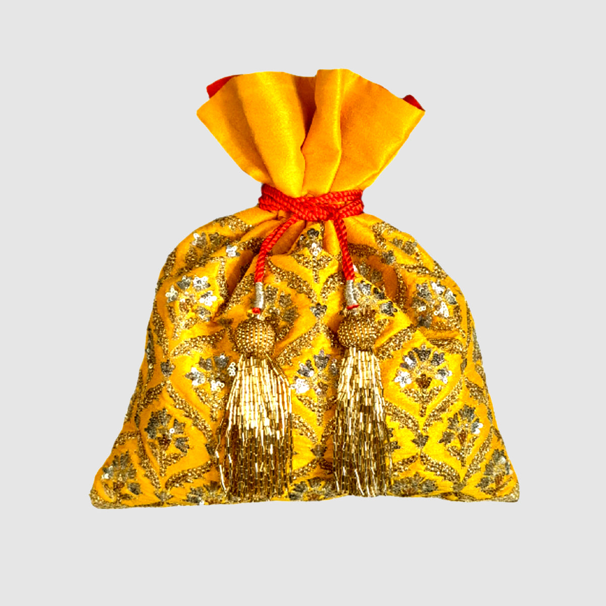 Dupion Silk Pankha Buti Jaal Embroidery Potli - Yellow