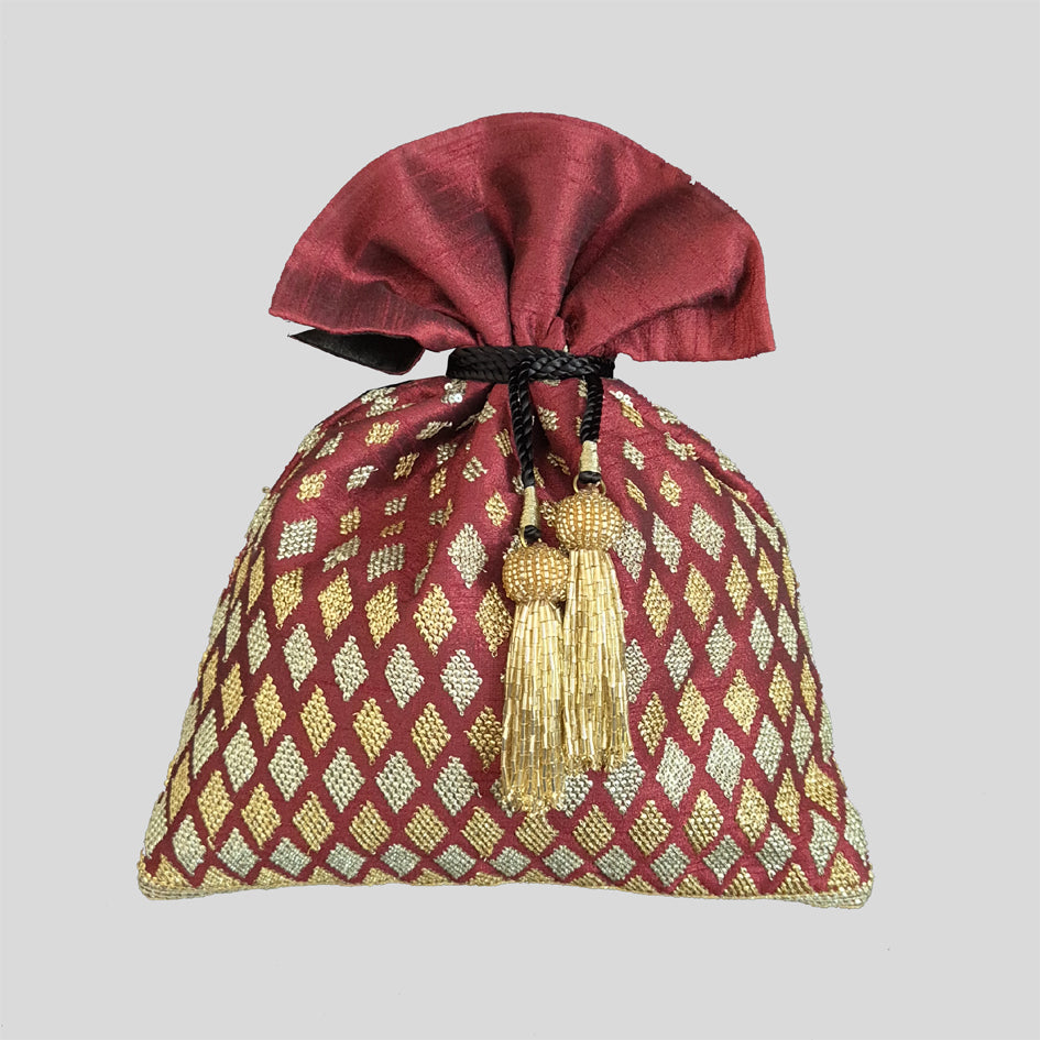 Dupion Silk Graded Diamond Embroidery Potli - Maroon
