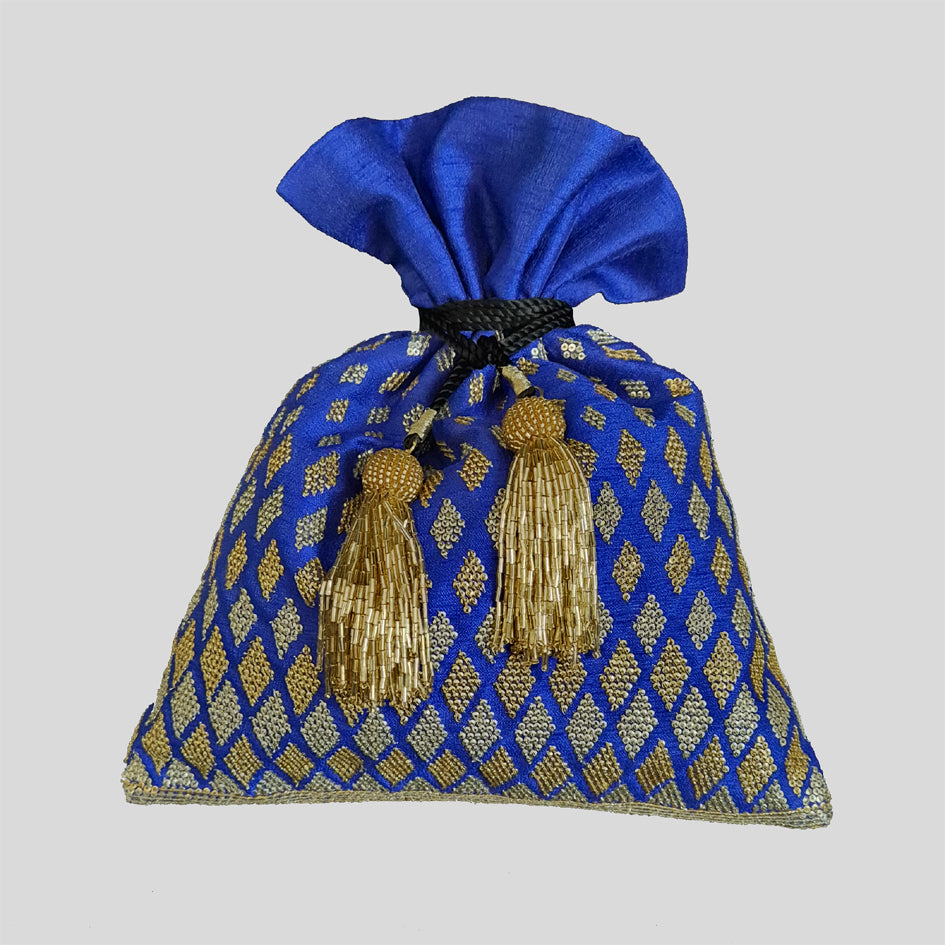 Dupion Silk Graded Diamond Embroidery Potli - Blue