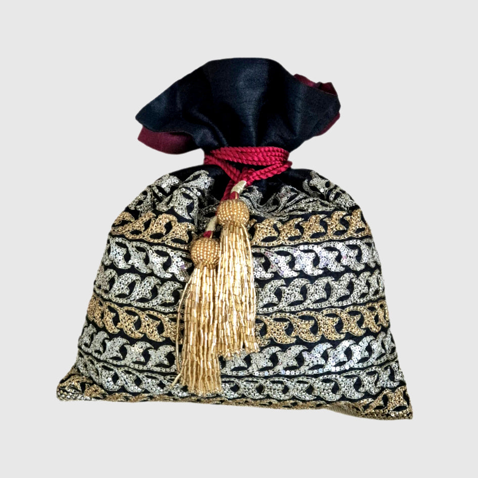 Dupion Silk Leaf Border Embroidery Black Potli
