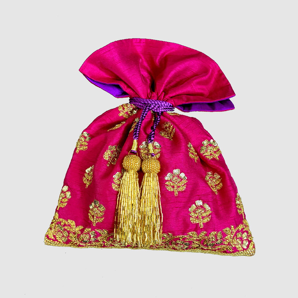 Dupion Silk Traditional Buti Embroidery Potli-Pink