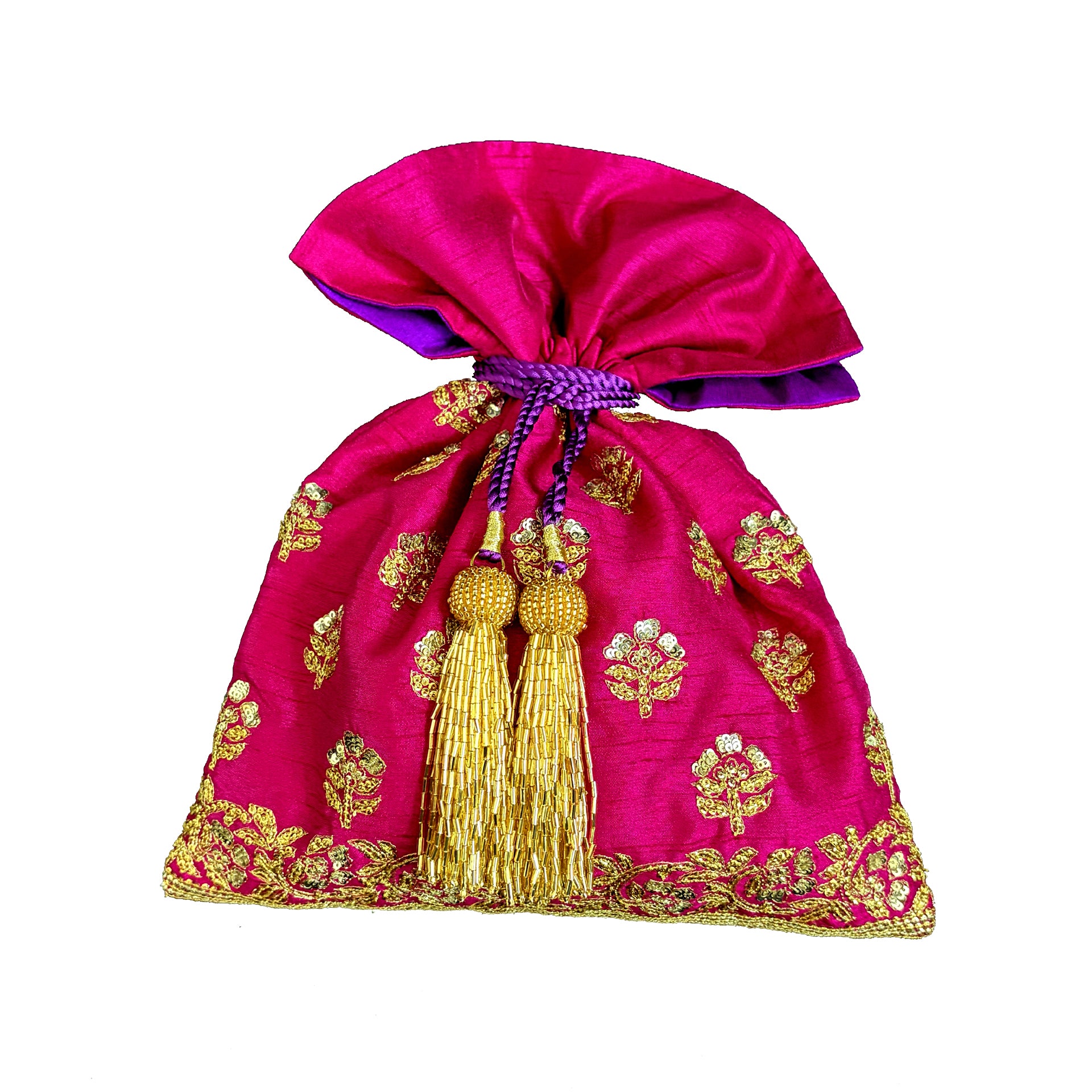 Dupion Silk Traditional Buti Embroidery Potli-Pink