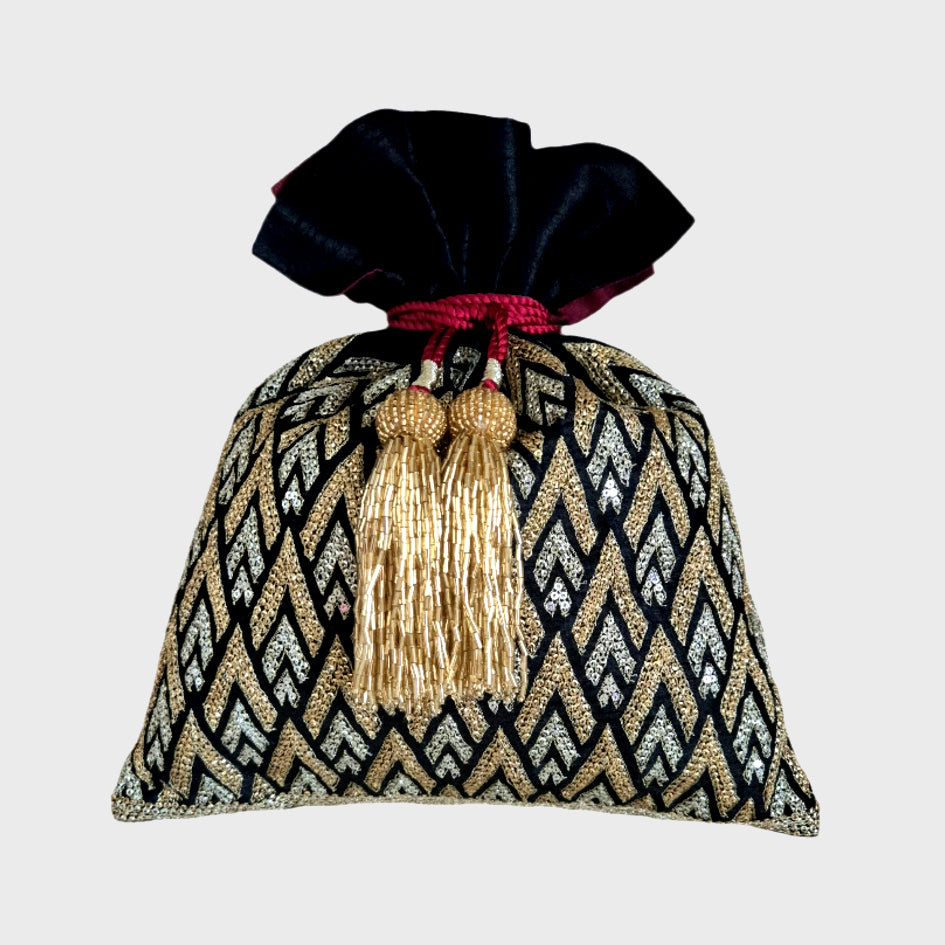 Dupion Silk Pinnacle Design Embroidery Potli - Black
