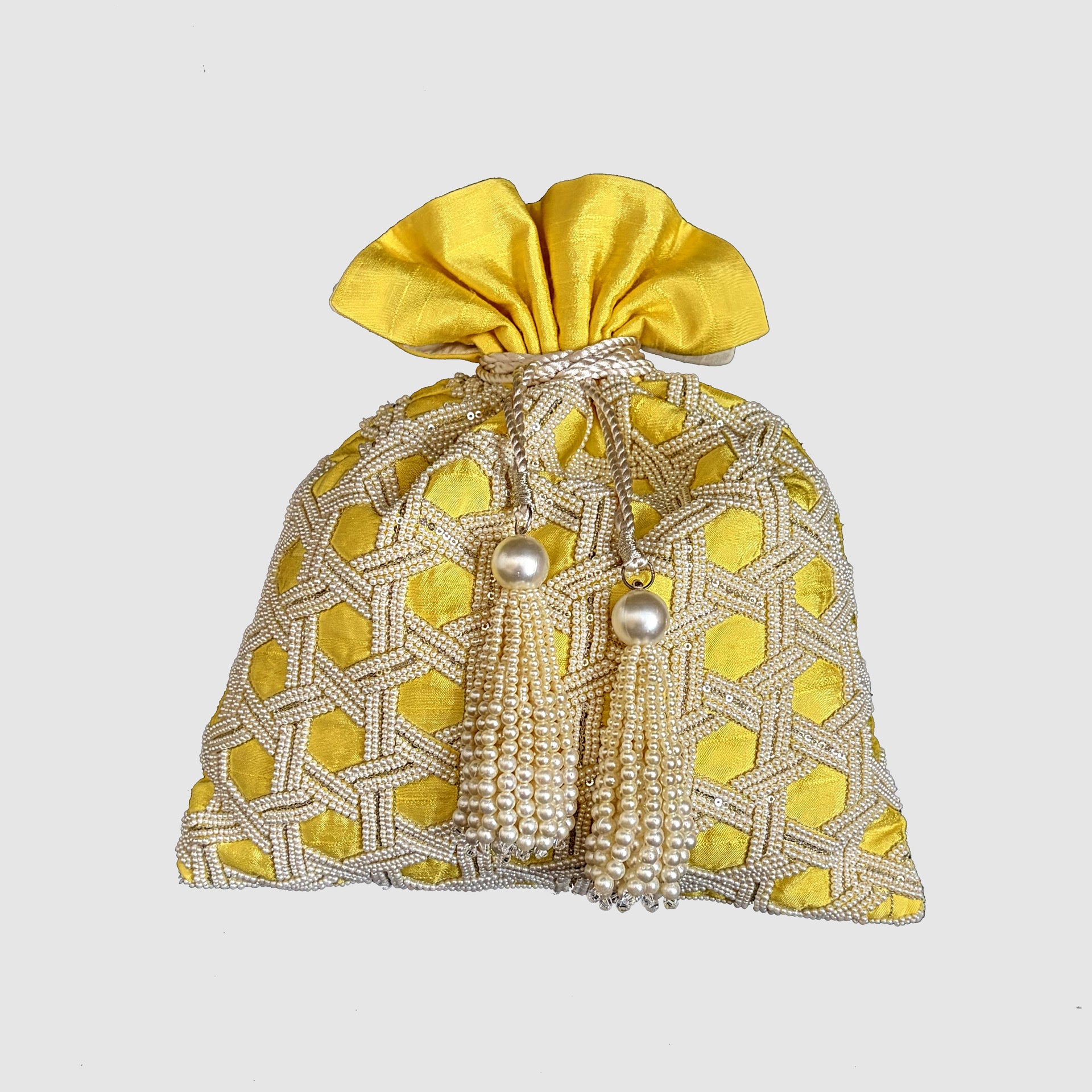 Dupion Silk Knotted Pearls Embroidery Potli-Yellow