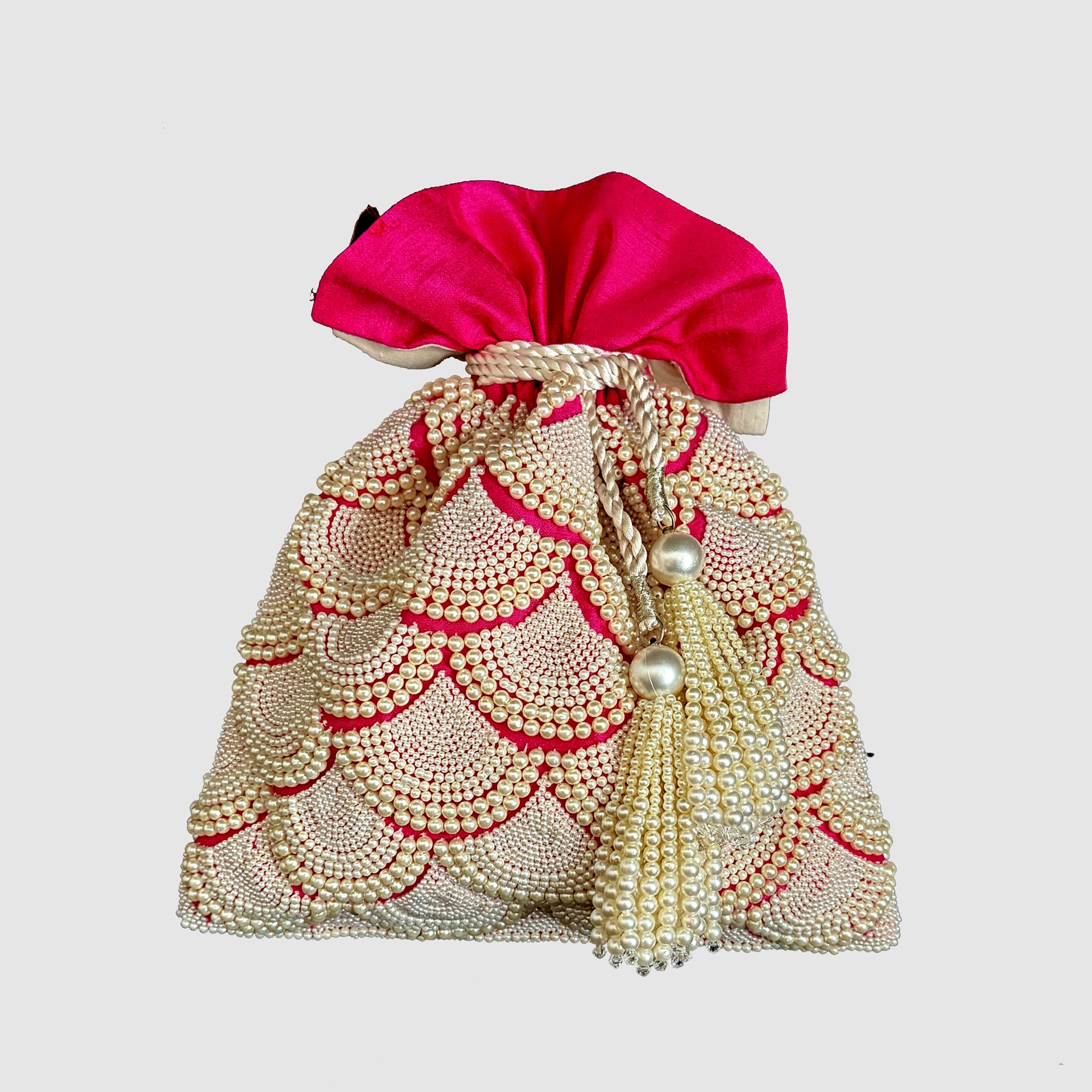 Dupion Silk Pearl Pankha Jaal Embroidery Potli-Pink