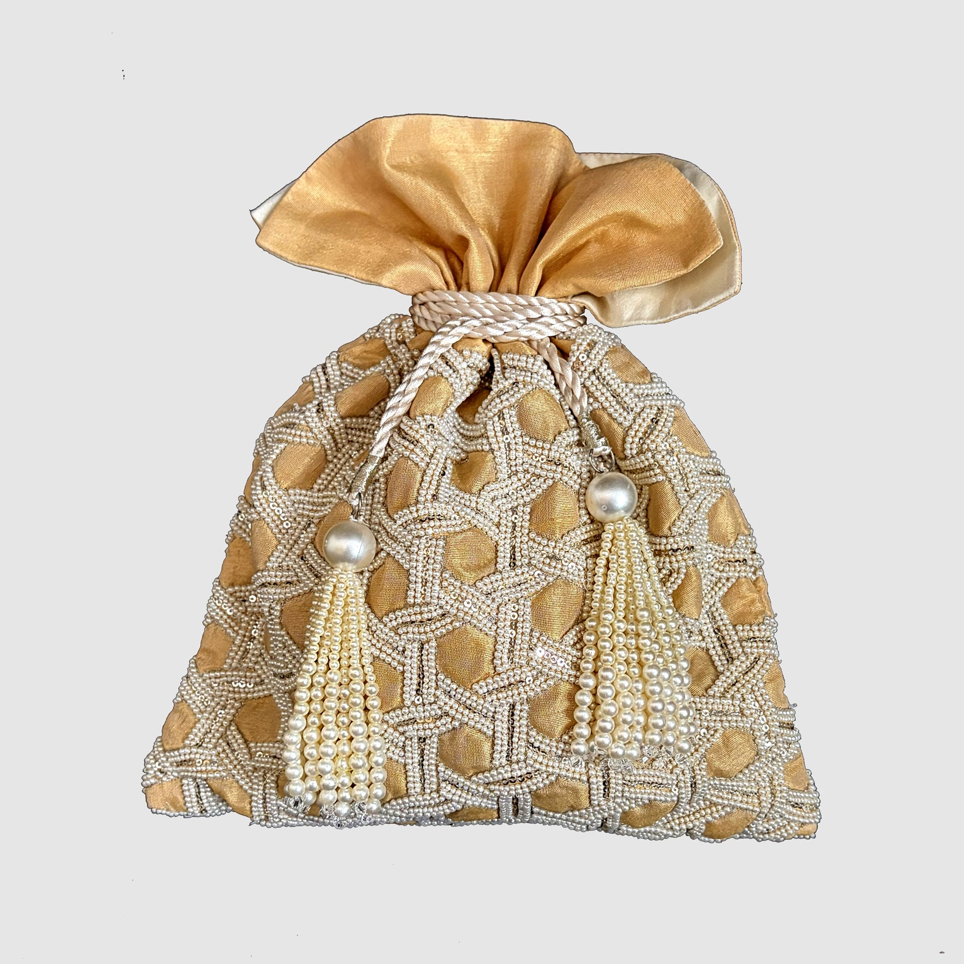 Dupion Silk Knotted Pearls Embroidery Potli-Beige