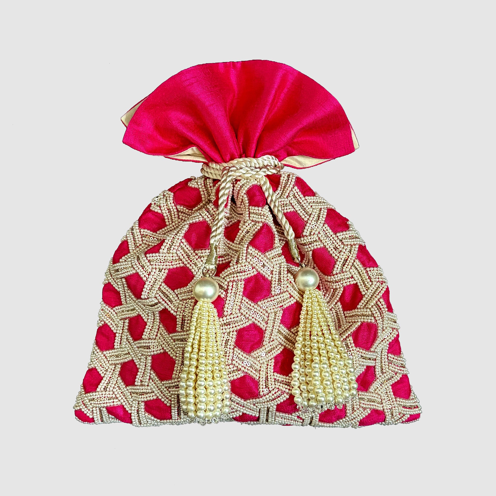 Dupion Silk Knotted Pearls Embroidery Potli-Pink