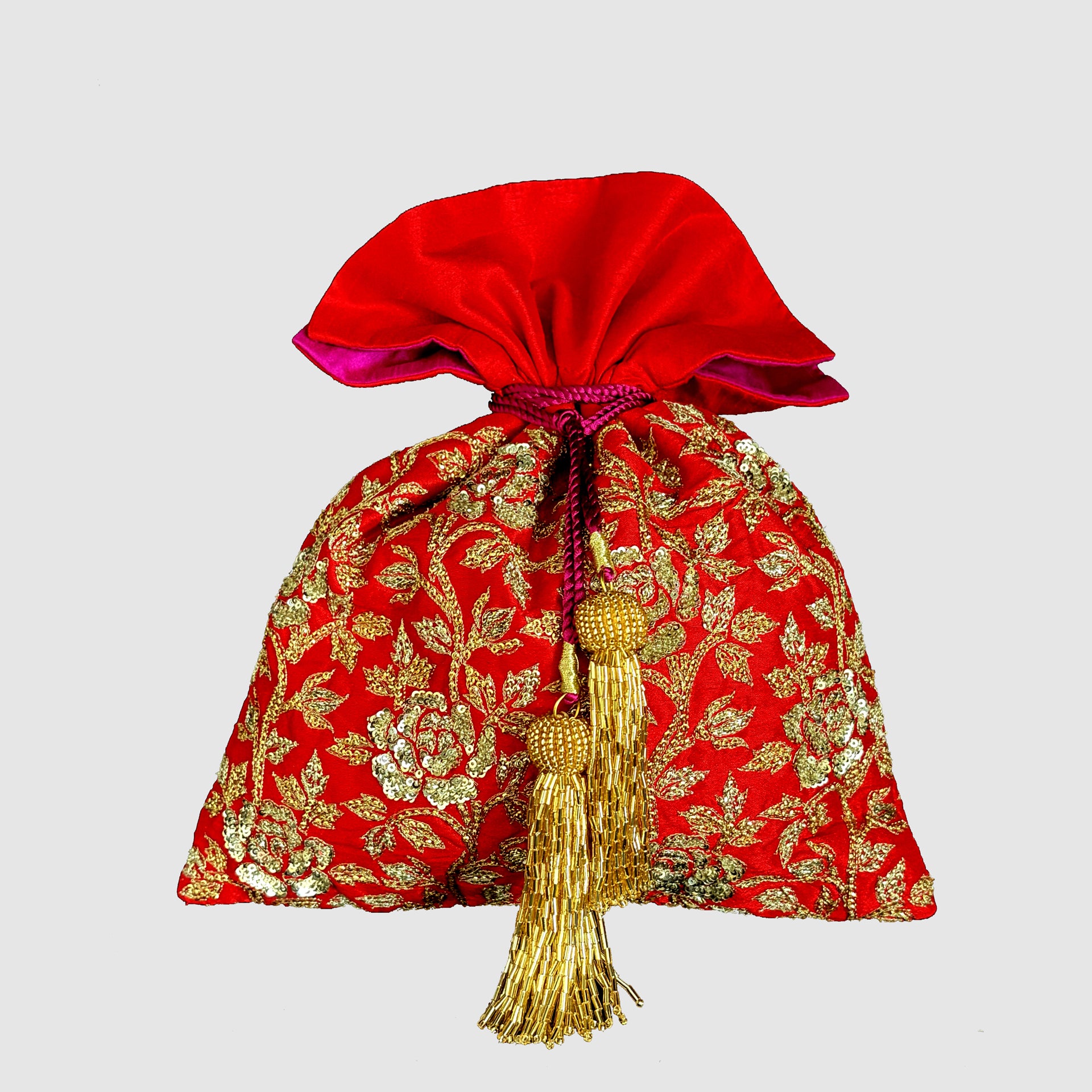 Dupion Silk Rose Flower Jaal Embroidery Potli-Red