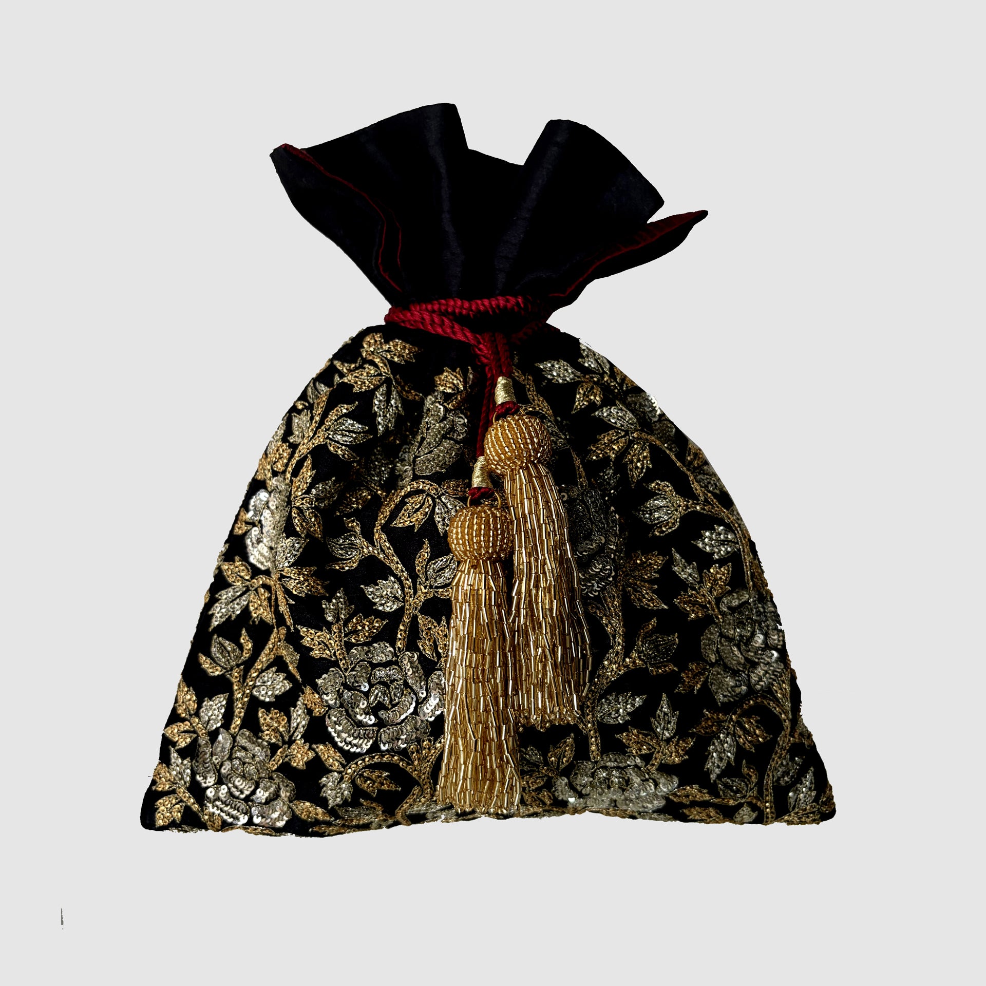 Dupion Silk Dupion Silk Rose Flower Jaal Embroidery Potli-Black