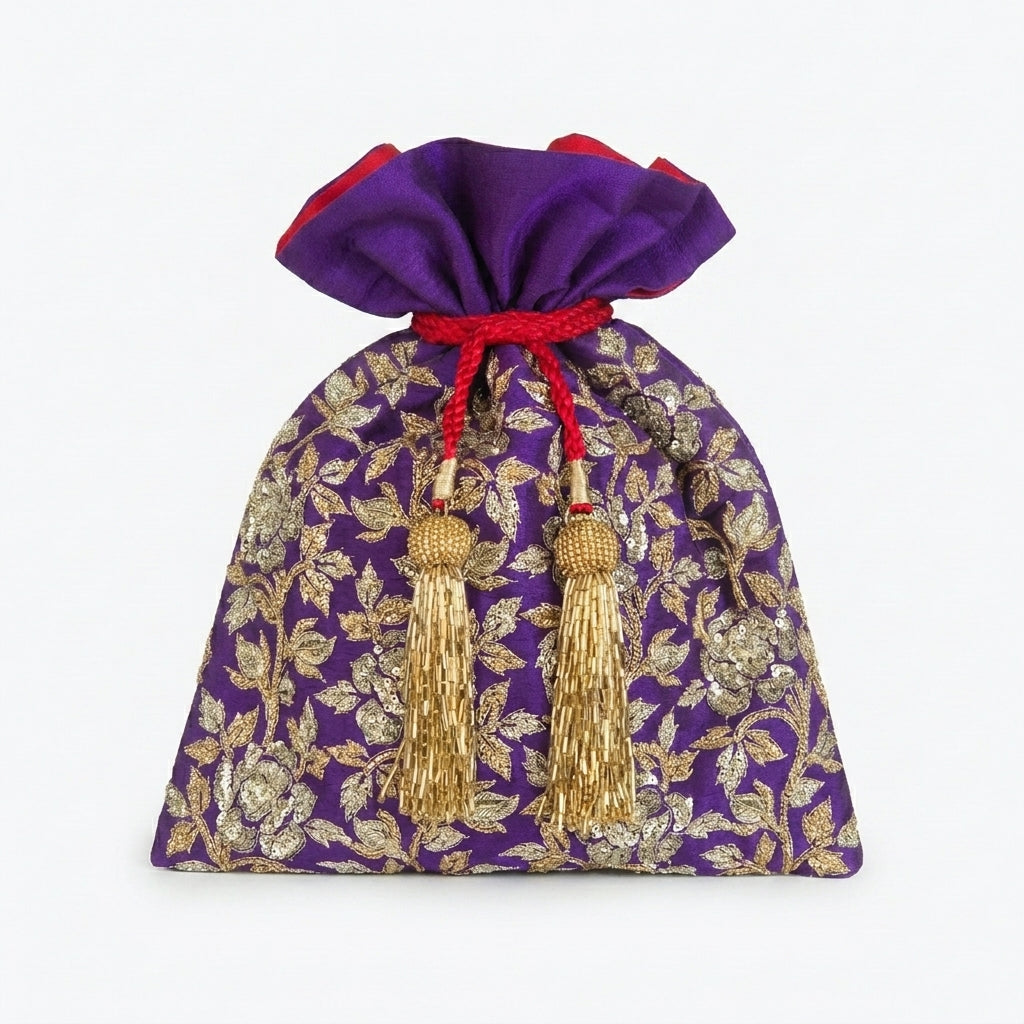 Dupion Silk Rose Flower Jaal Embroidery Potli - Purple
