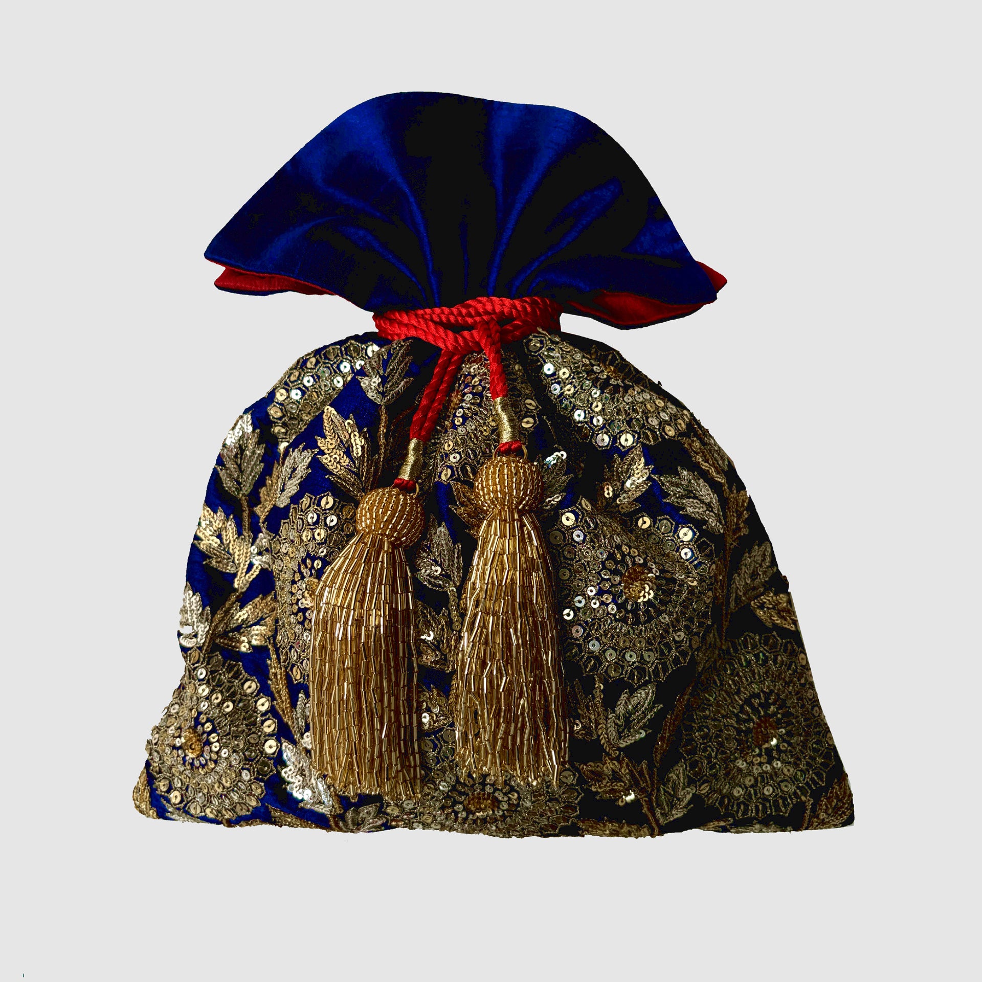 Dupion Silk Honeycomb Flower Jaal Embroidery Potli-Indigo