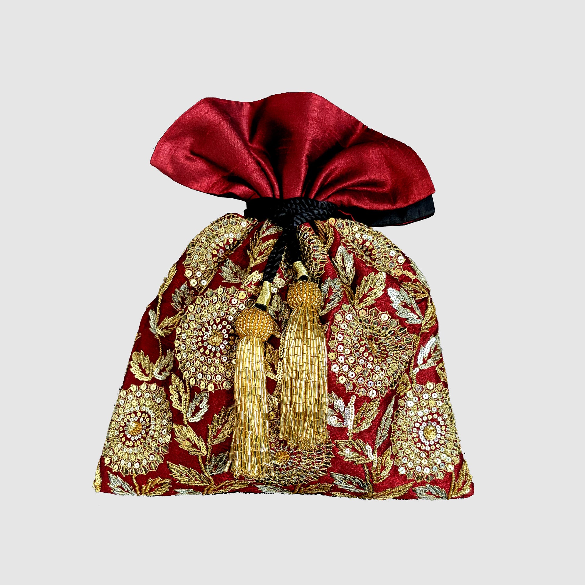 Dupion Silk Honeycomb Flower Jaal Embroidery Potli-Maroon