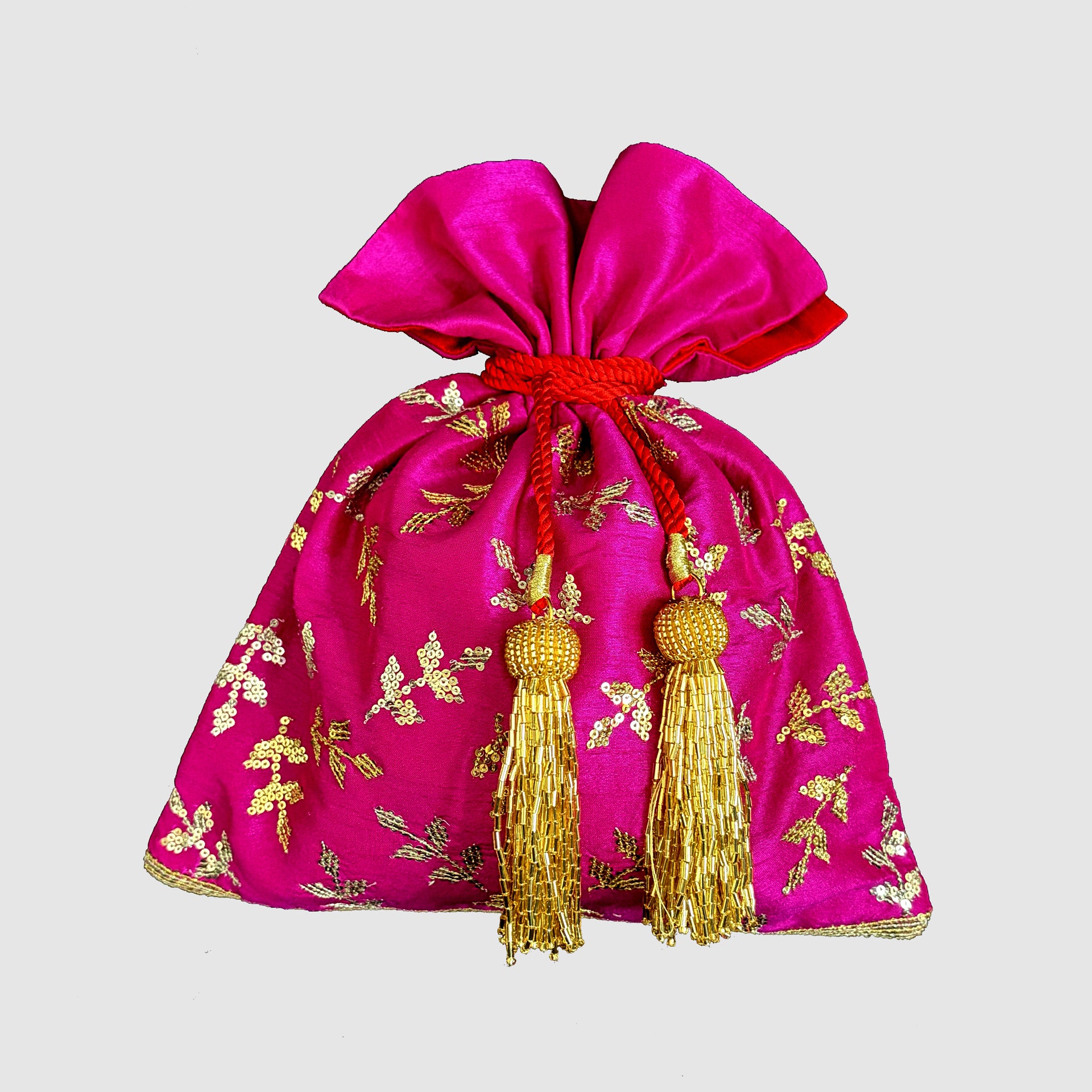 Dupion Silk Leaf Sequence Embroidery Potli-Magenta