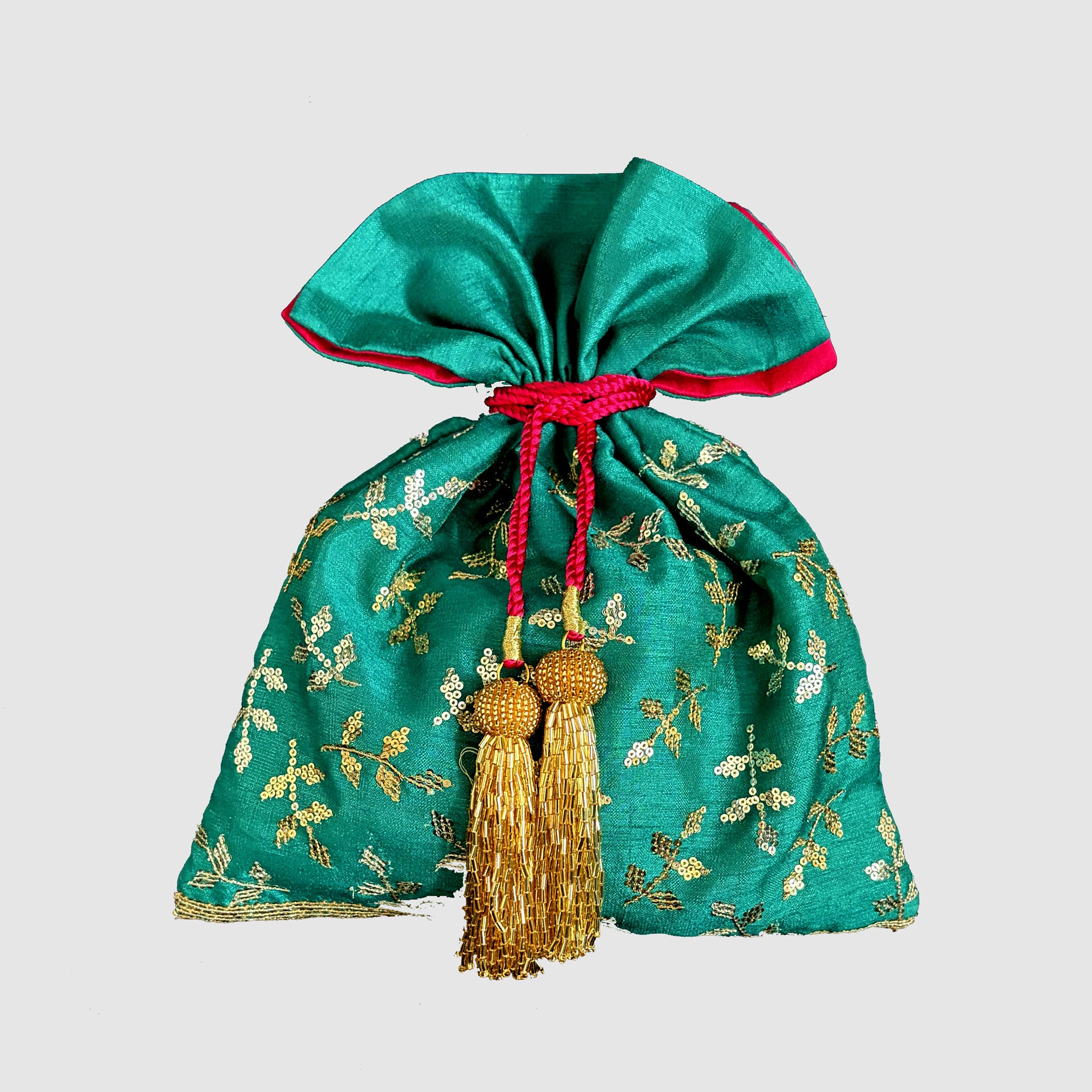 Dupion Silk Leaf Sequence Embroidery Potli-E'Green