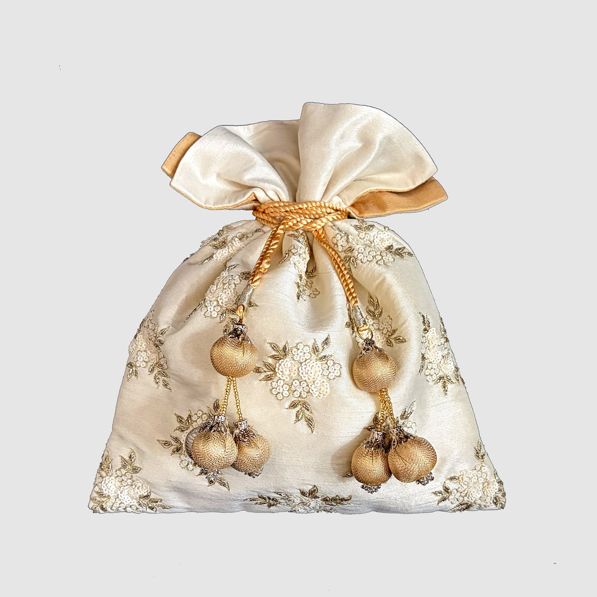 Dupion Silk Sequence Cutdana Cluster Flower Allover Embroidery Potli-Ivory