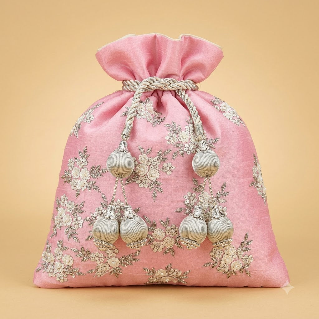Dupion Silk Potli – Pink | Sequin & Cut Dana Floral Cluster Embroidery with Ribbed Tassel Drawstring | Women’s Designer Festive Potli