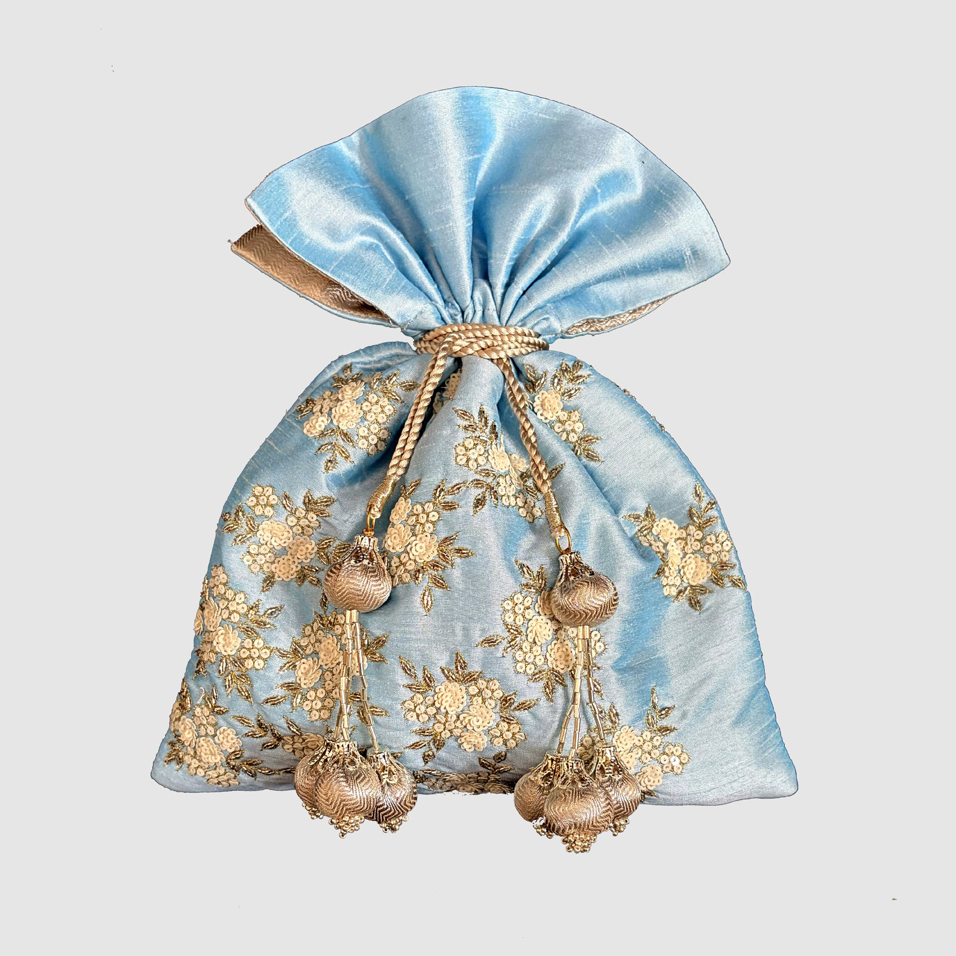 Dupion Silk Sequence Cutdana Cluster Flower Allover Embroidery Potli-Blue