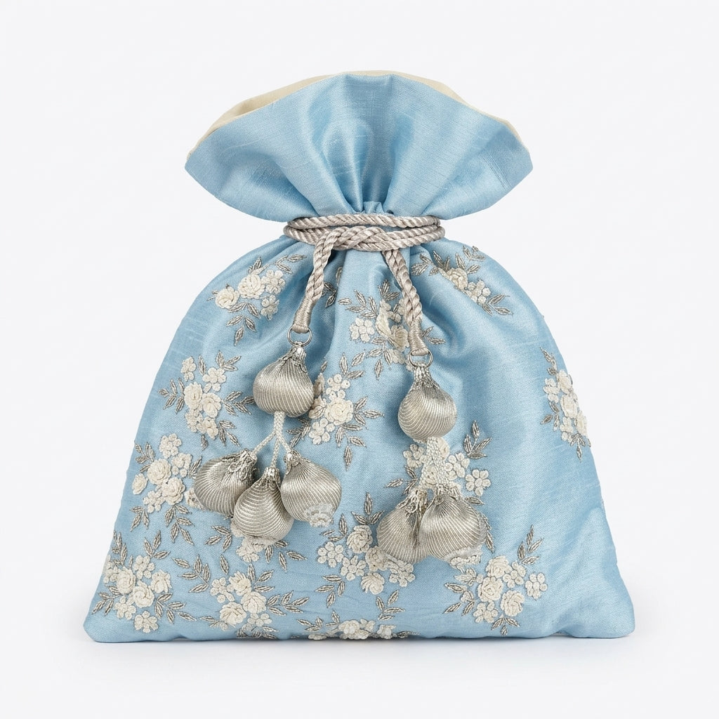 Dupion Sequence Cutdana Cluster Flower Placement Embroidery Potli - Light Blue