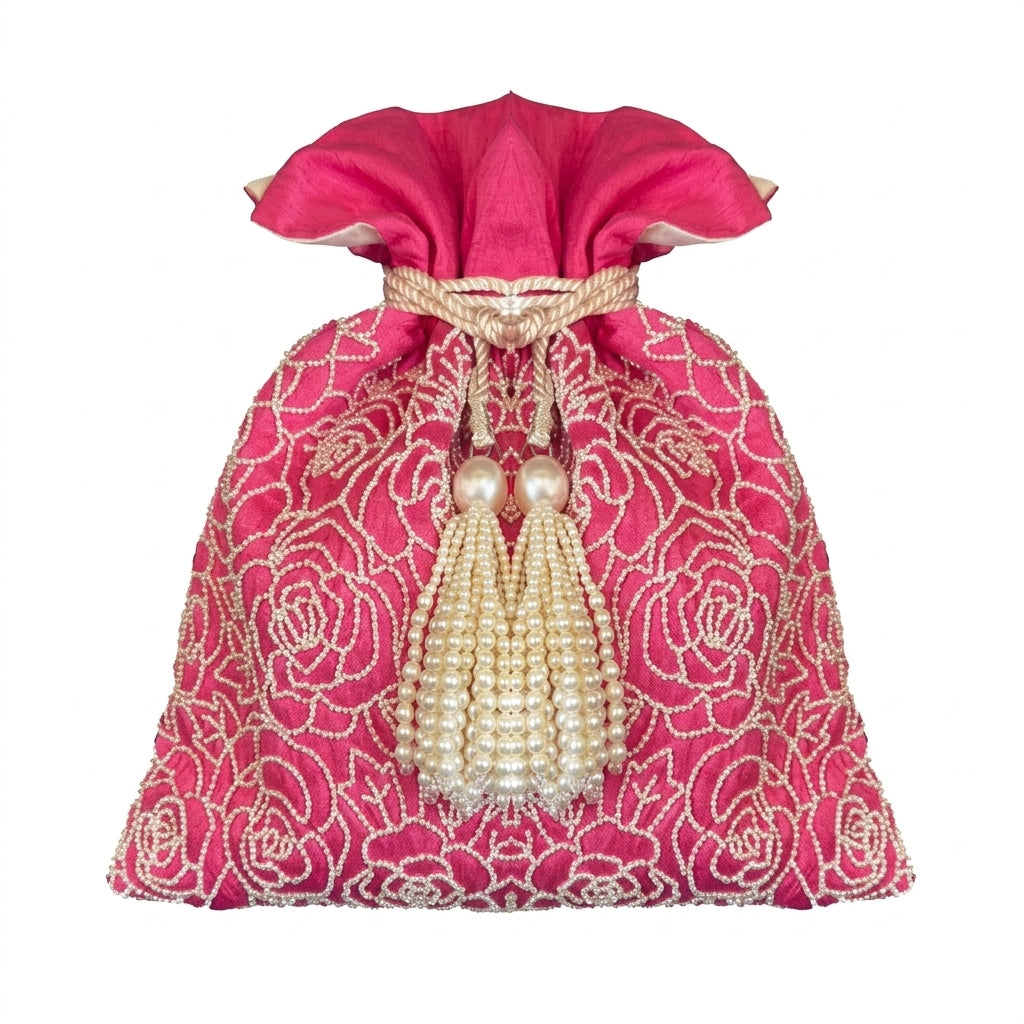 Dupion Silk Rose Jaal Pearl Embroidery Potli-Pink