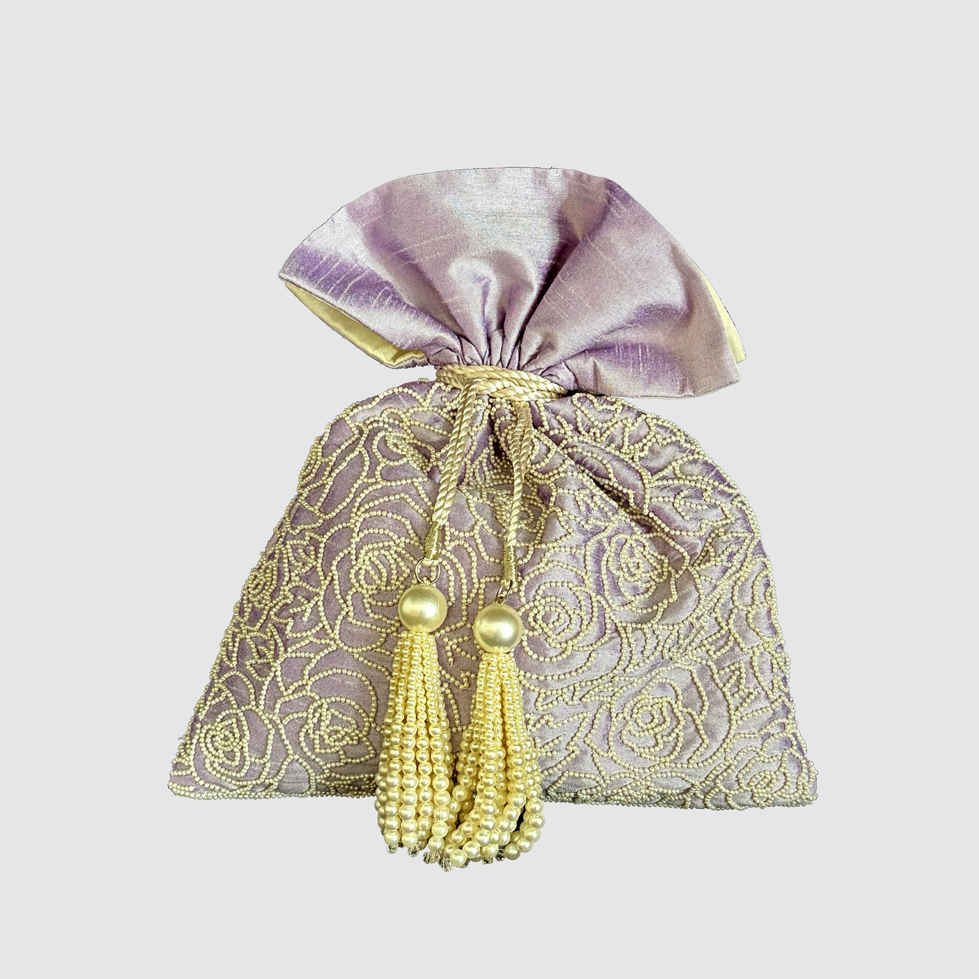 Dupion Silk Rose Jaal Pearl Embroidery Potli-Mauve