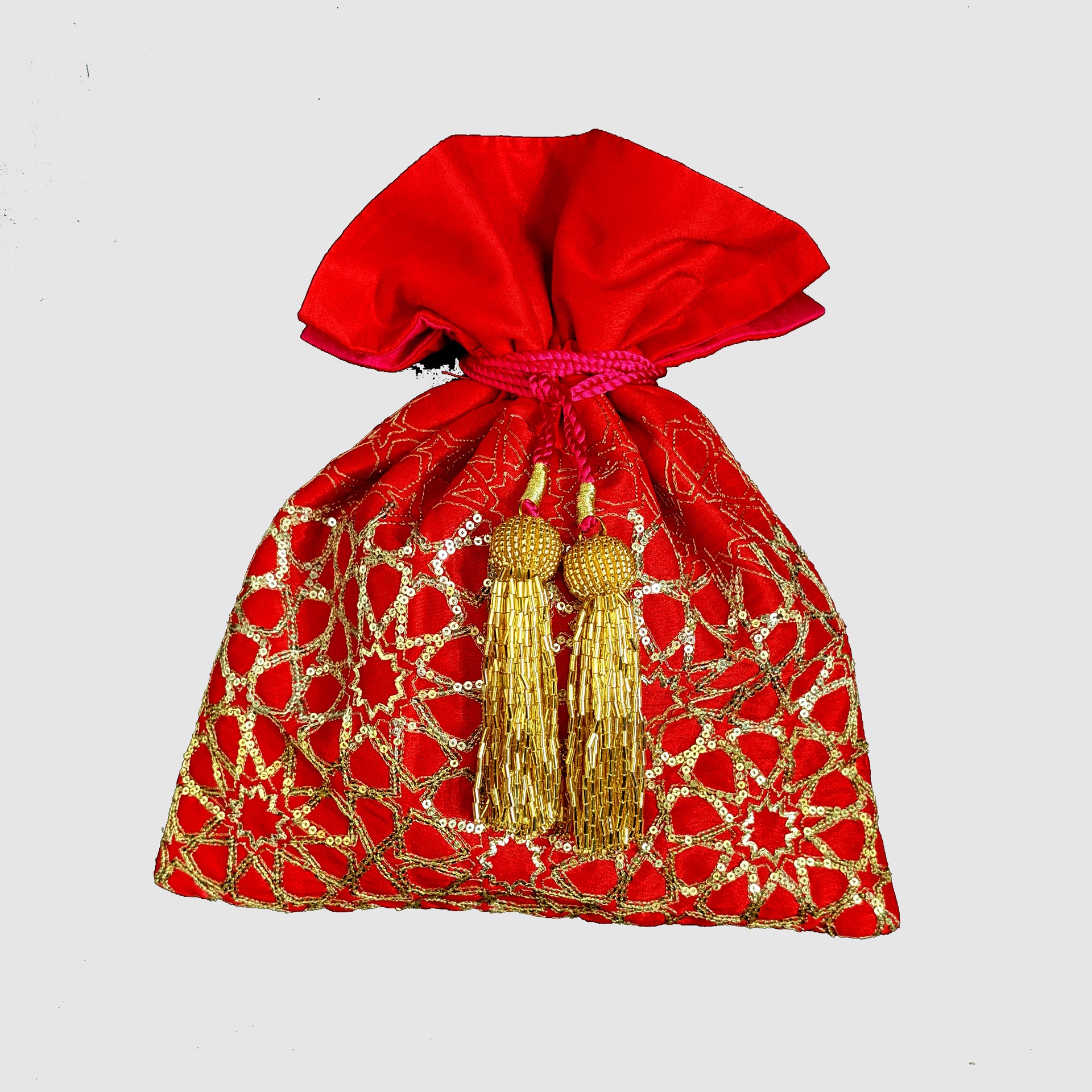 Dupion Silk Mandala Design Embroidery Potli-Red