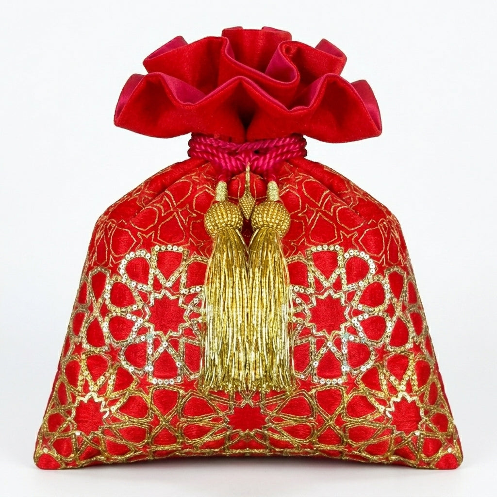 Dupion Potli Mandala Design Embroidery  Potli - Red