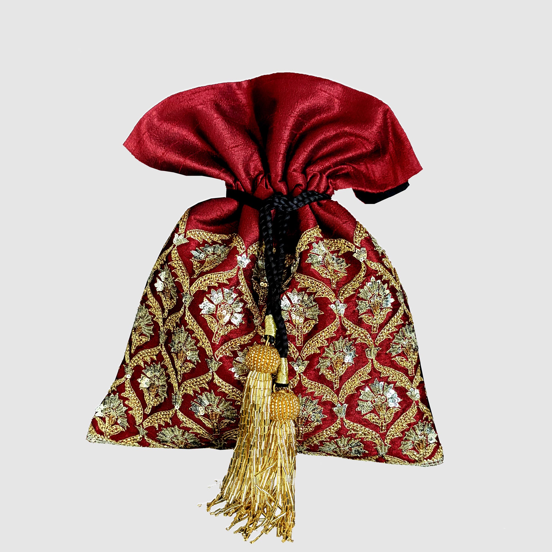 Dupion Silk Pankha Buti Jaal Embroidery Potli-Maroon