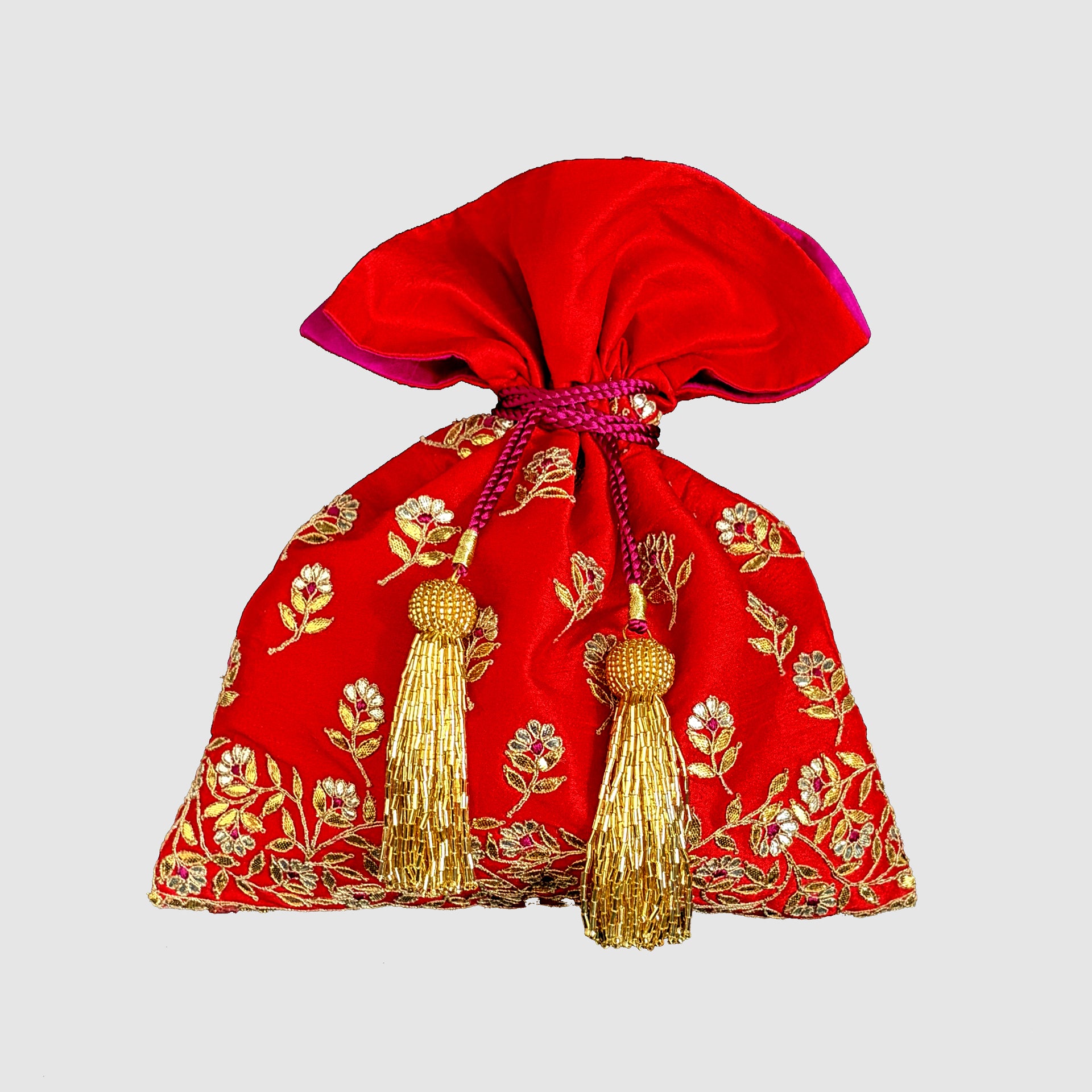 Dupion Silk Gota Patti Meena Broder With Butis Embroidery Potli-Red