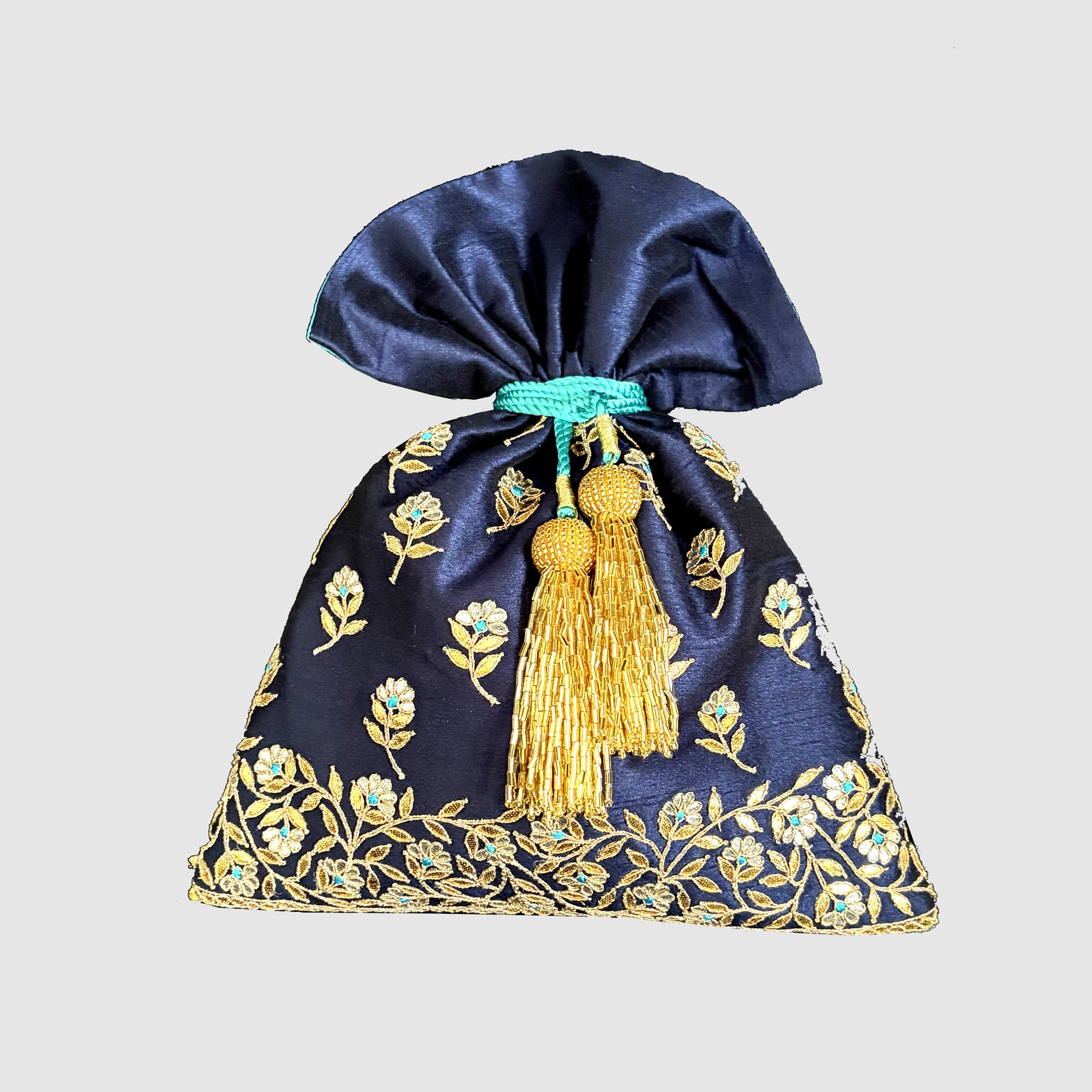 Dupion Silk Gota Patti Meena Broder With Butis Embroidery Potli-Indigo