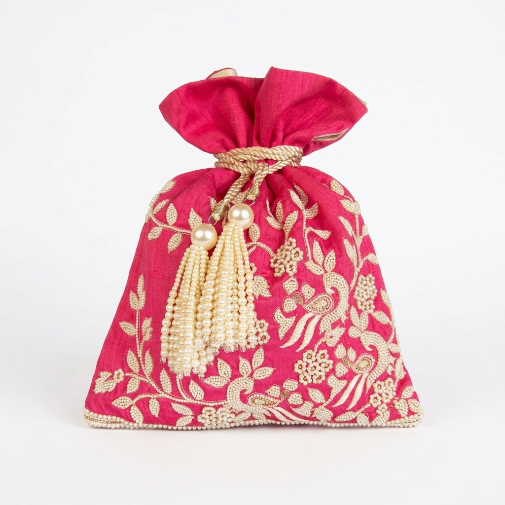 Dupion Silk Pearl Resham Peacock Jaal Embroidery Potli - Pink