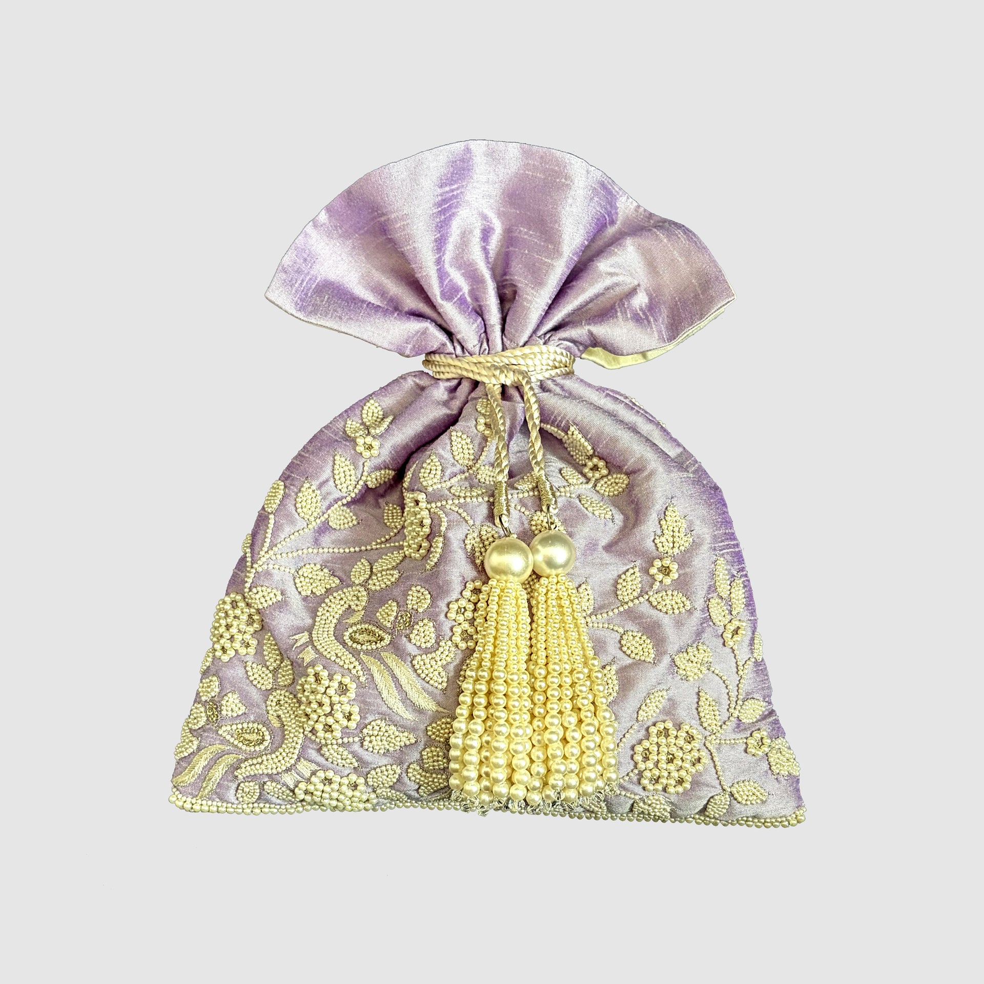 Dupion Silk Pearl Resham Peacock Jaal Embroidery Potli-Mauve