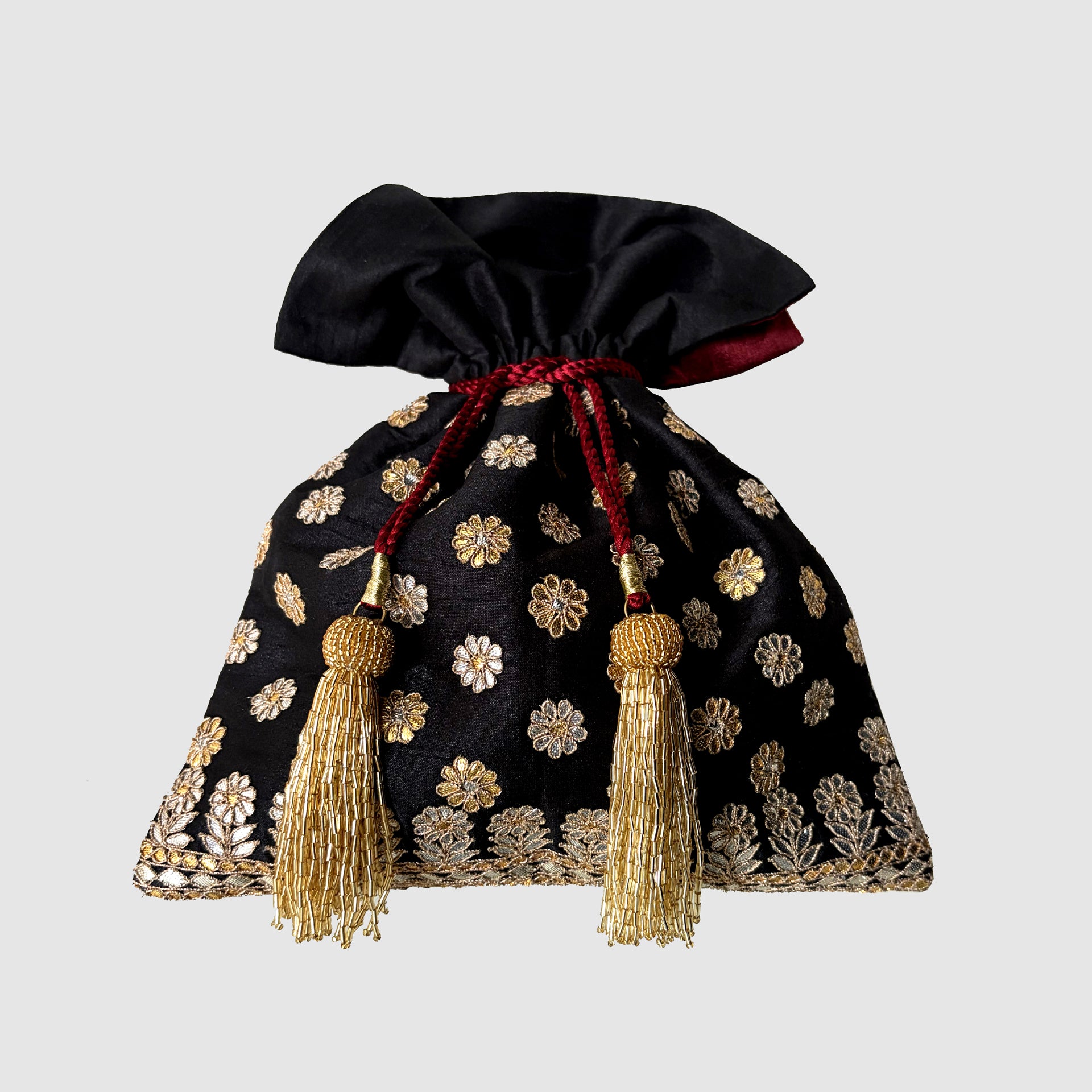 Dupion Silk Gota Patti Round Buti With Flower Broder Embroidery Potli-Black