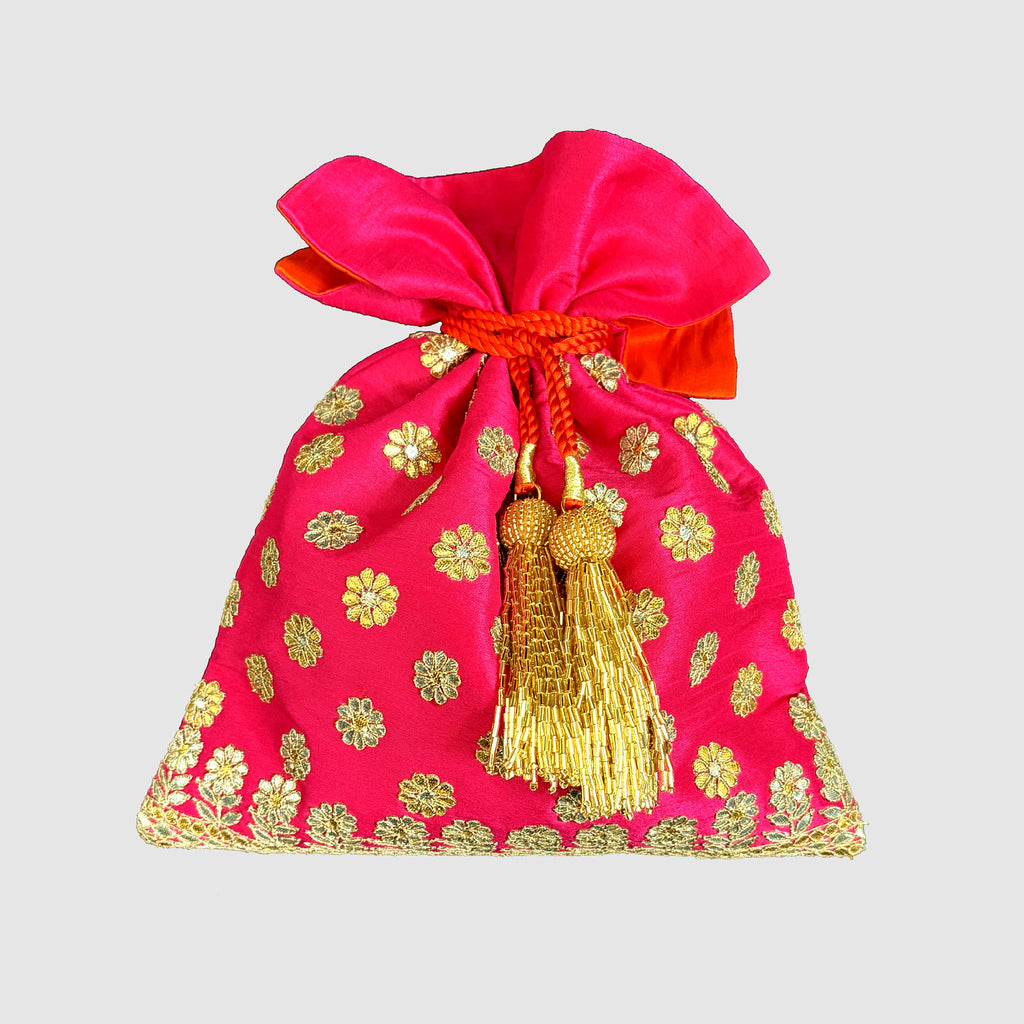 Dupion Silk Gota Patti Round Buti With Flower Broder Embroidery Potli-Fuchsia