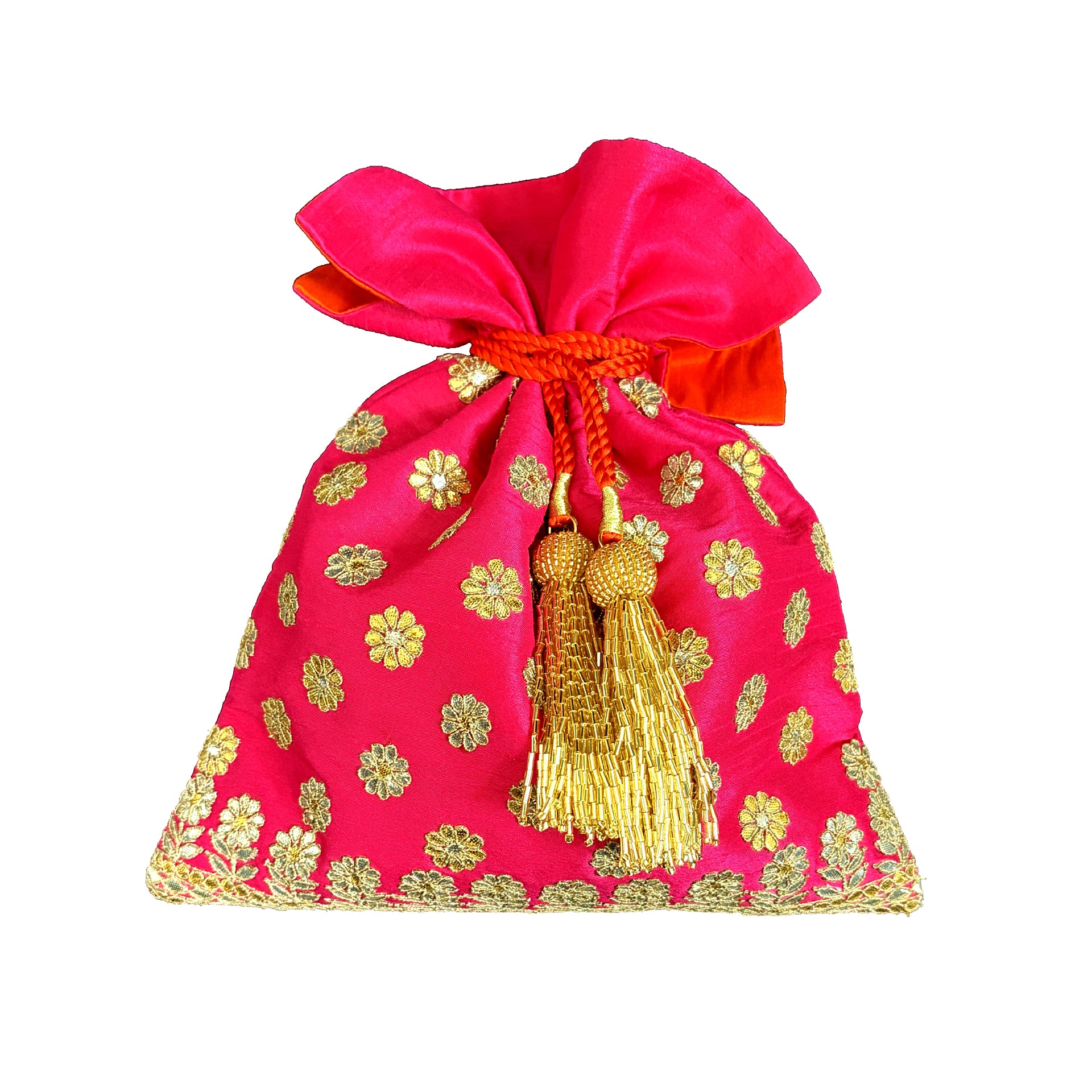 Dupion Silk Gota Patti Round Buti With Flower Broder Embroidery Potli-Fuchsia