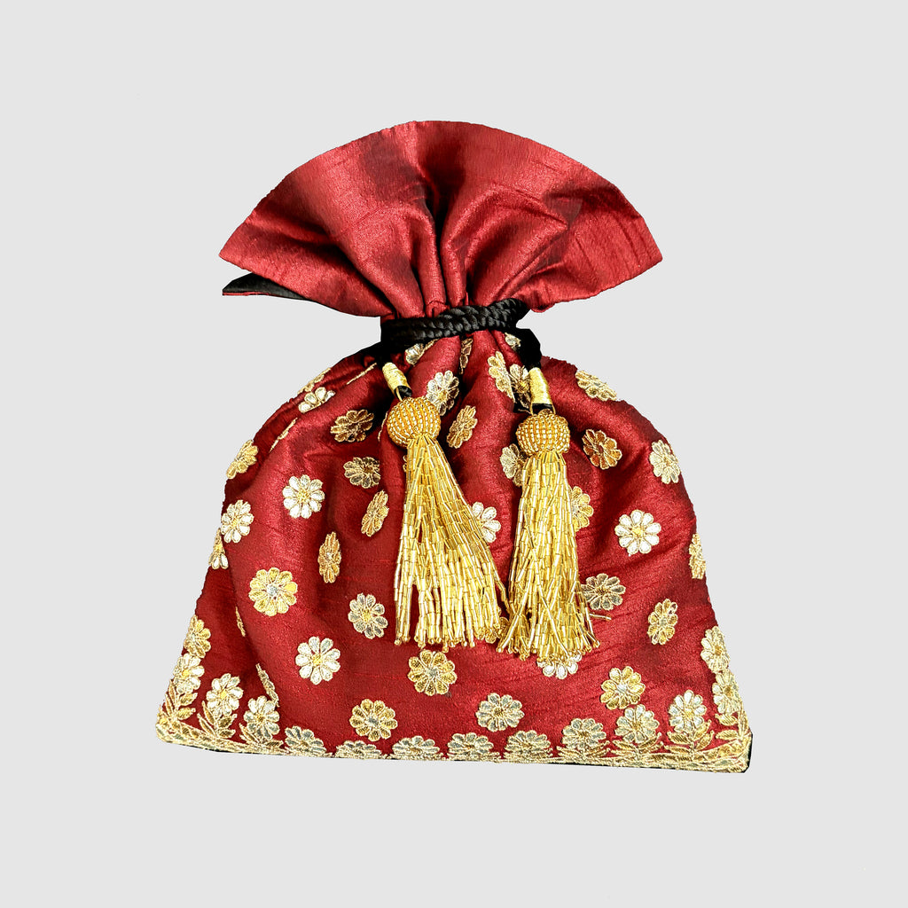 Dupion Silk Gota Patti Round Buti With Flower Broder Embroidery Potli-Maroon
