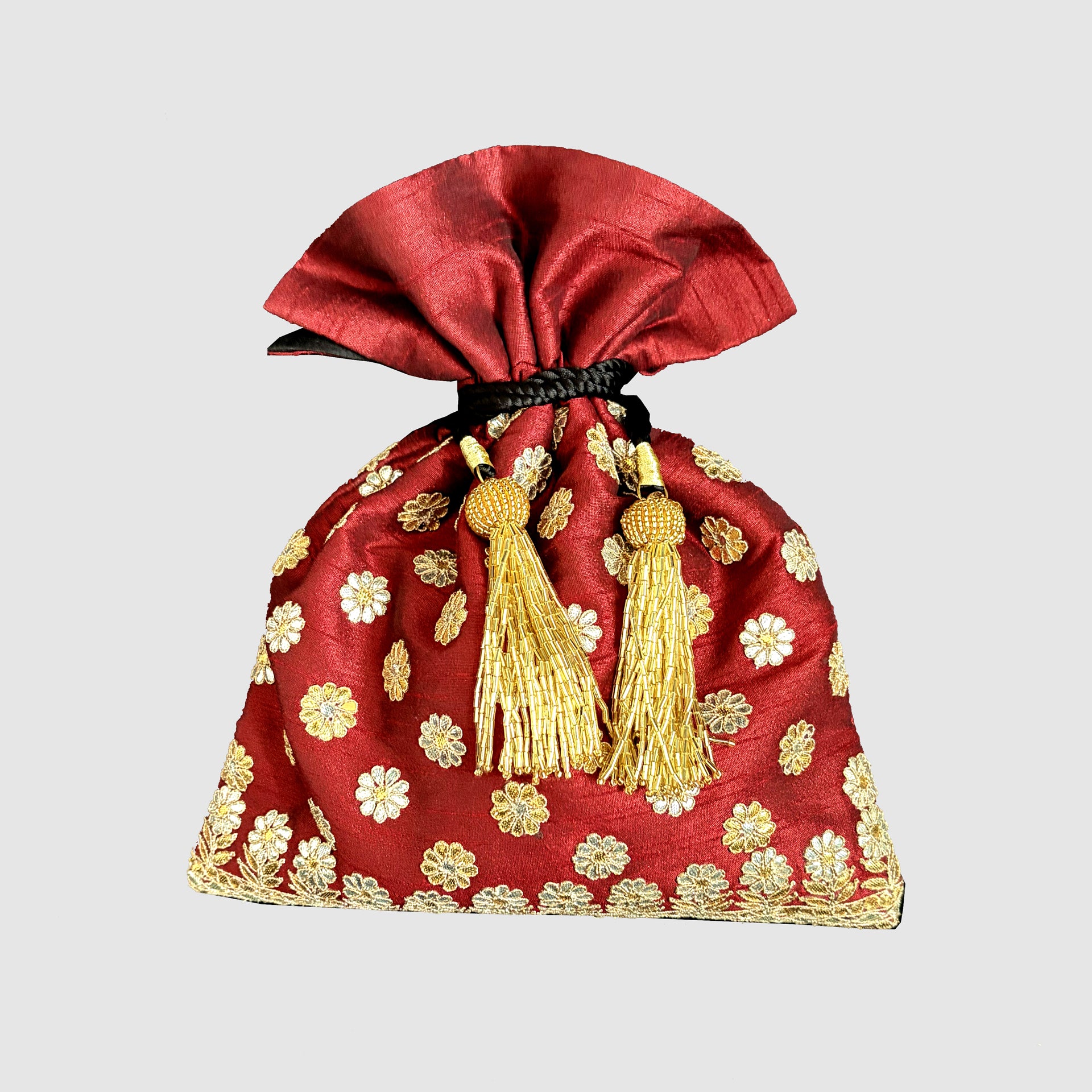 Dupion Silk Gota Patti Round Buti With Flower Broder Embroidery Potli-Maroon