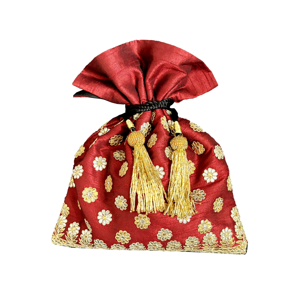 Dupion Silk Gota Patti Round Buti With Flower Broder Embroidery Potli-Maroon