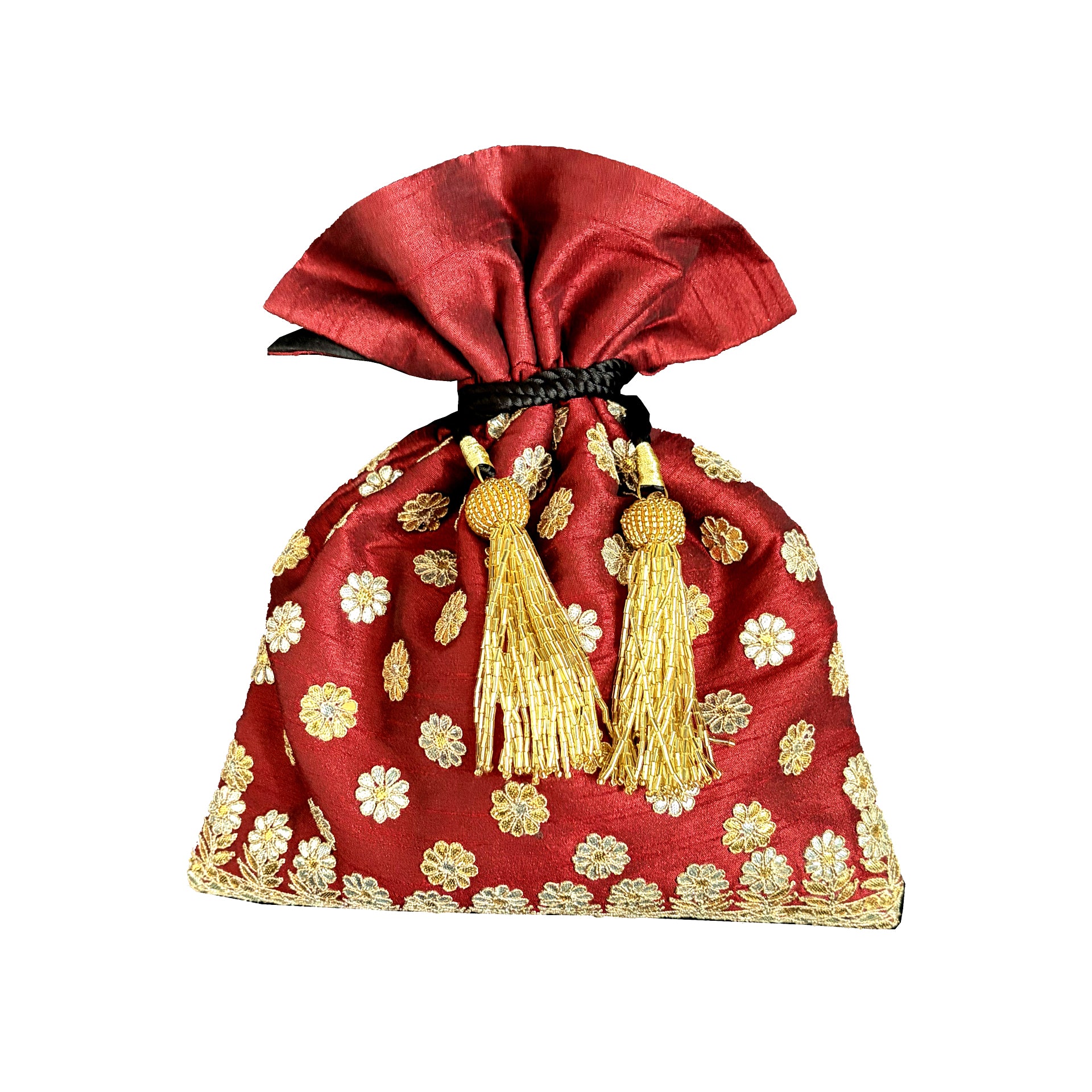 Dupion Silk Gota Patti Round Buti With Flower Broder Embroidery Potli-Maroon