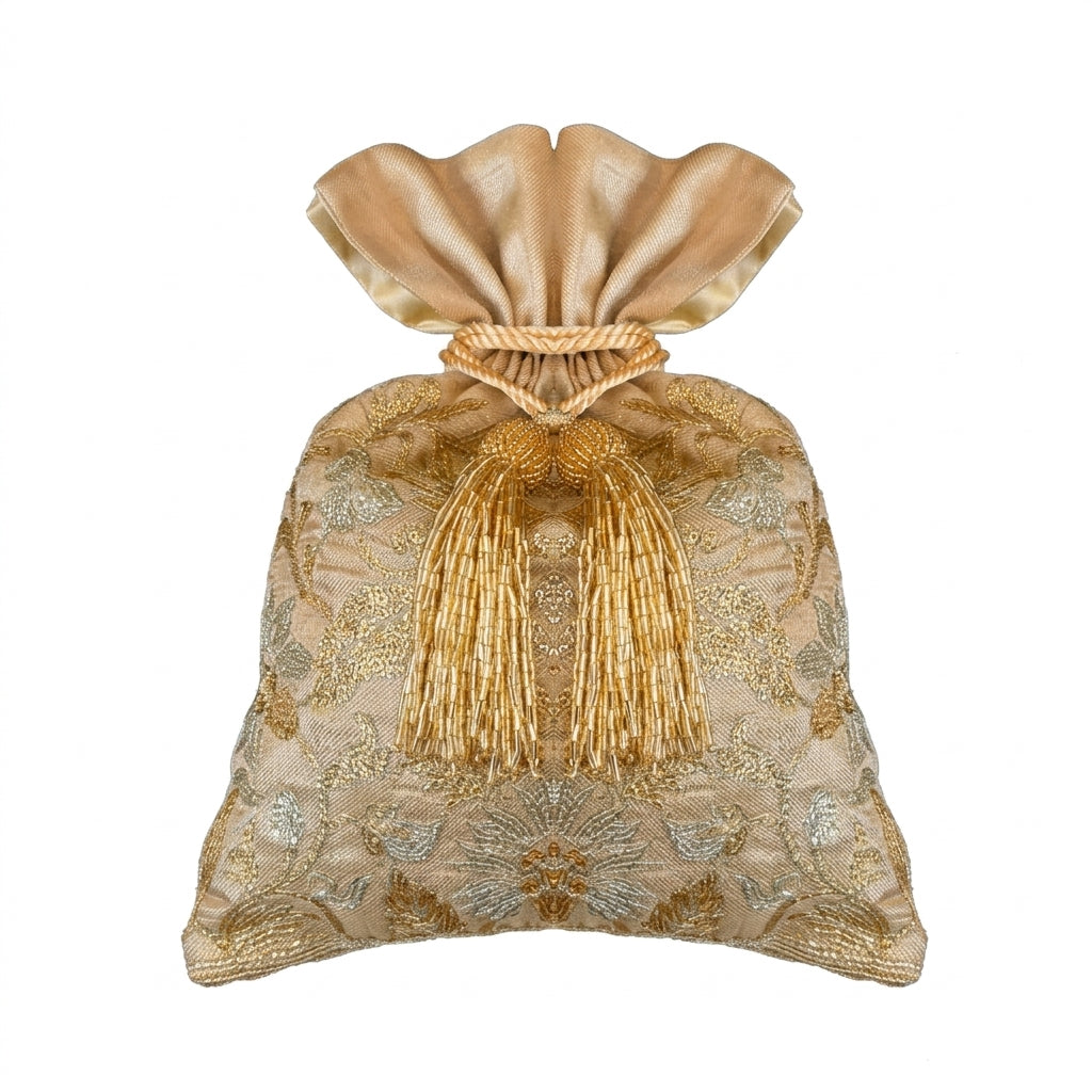 Brocade with New Mughal Jaal Embroidery Potli - Gold