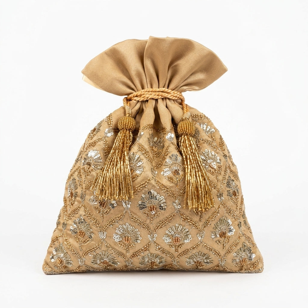 Brocade Pankha Buti Jaal Embroidery Potli - Gold