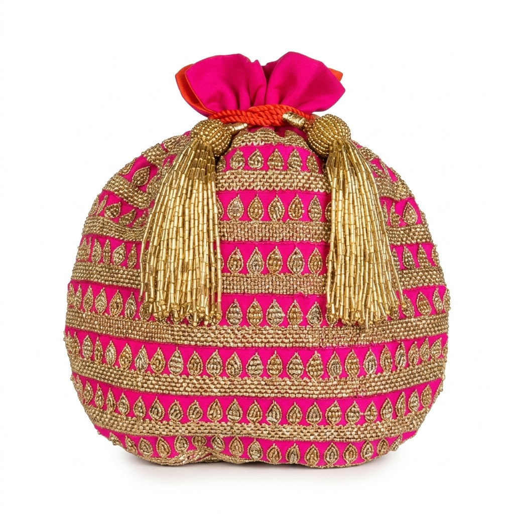 Dupion Silk Matka Kangoora Line Embroidery Potli - Fushcia