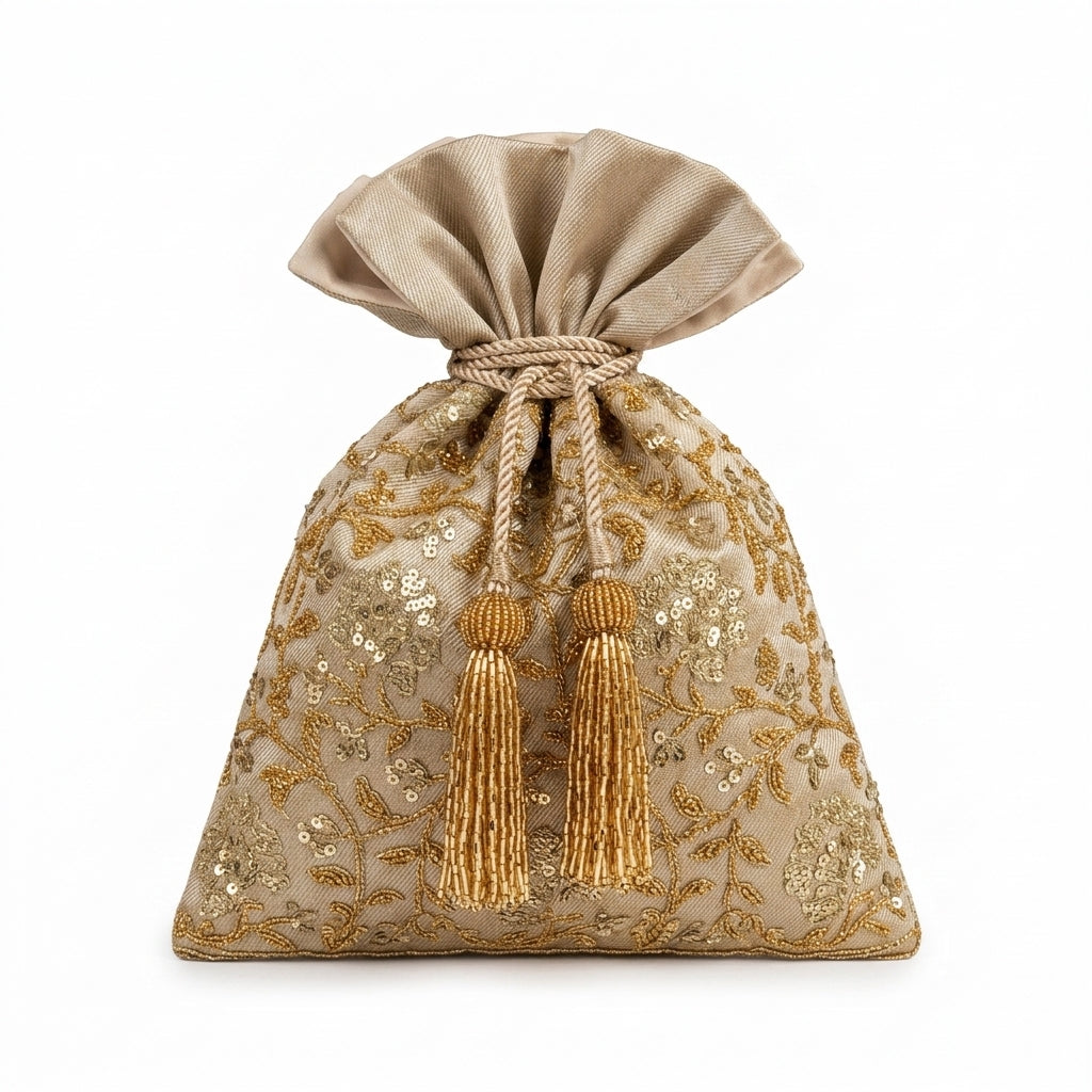 Brocade Lily Flower Jaal Embroidery Potli - Gold
