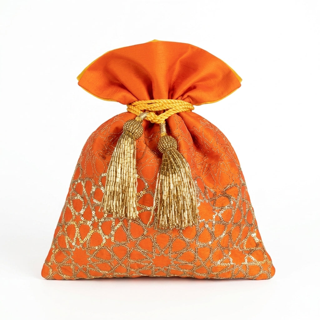 Dupion Silk Mandala Design Embroidery Potli - Orange