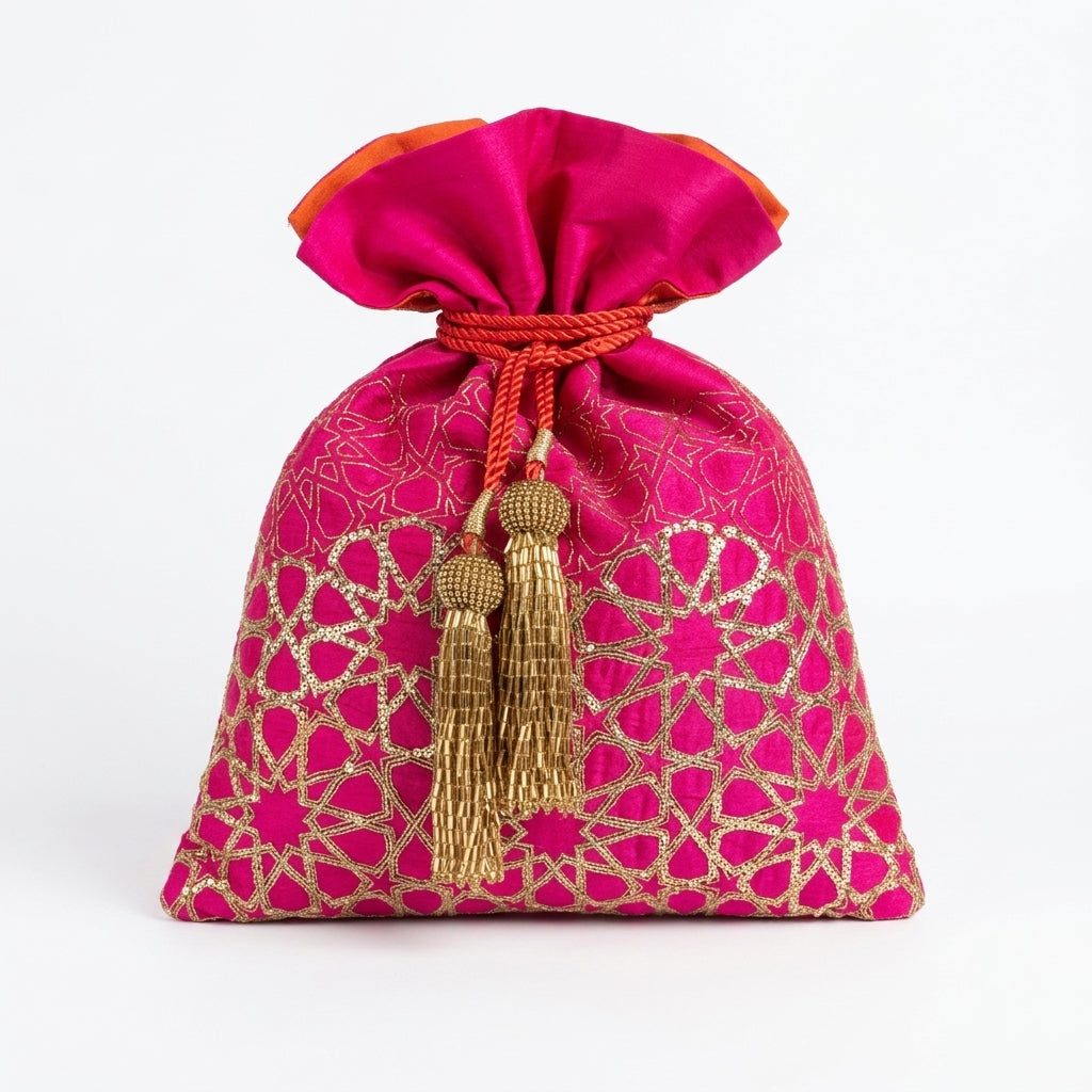 Dupion Silk Mandala Design Embroidery Potli - Fuchsia