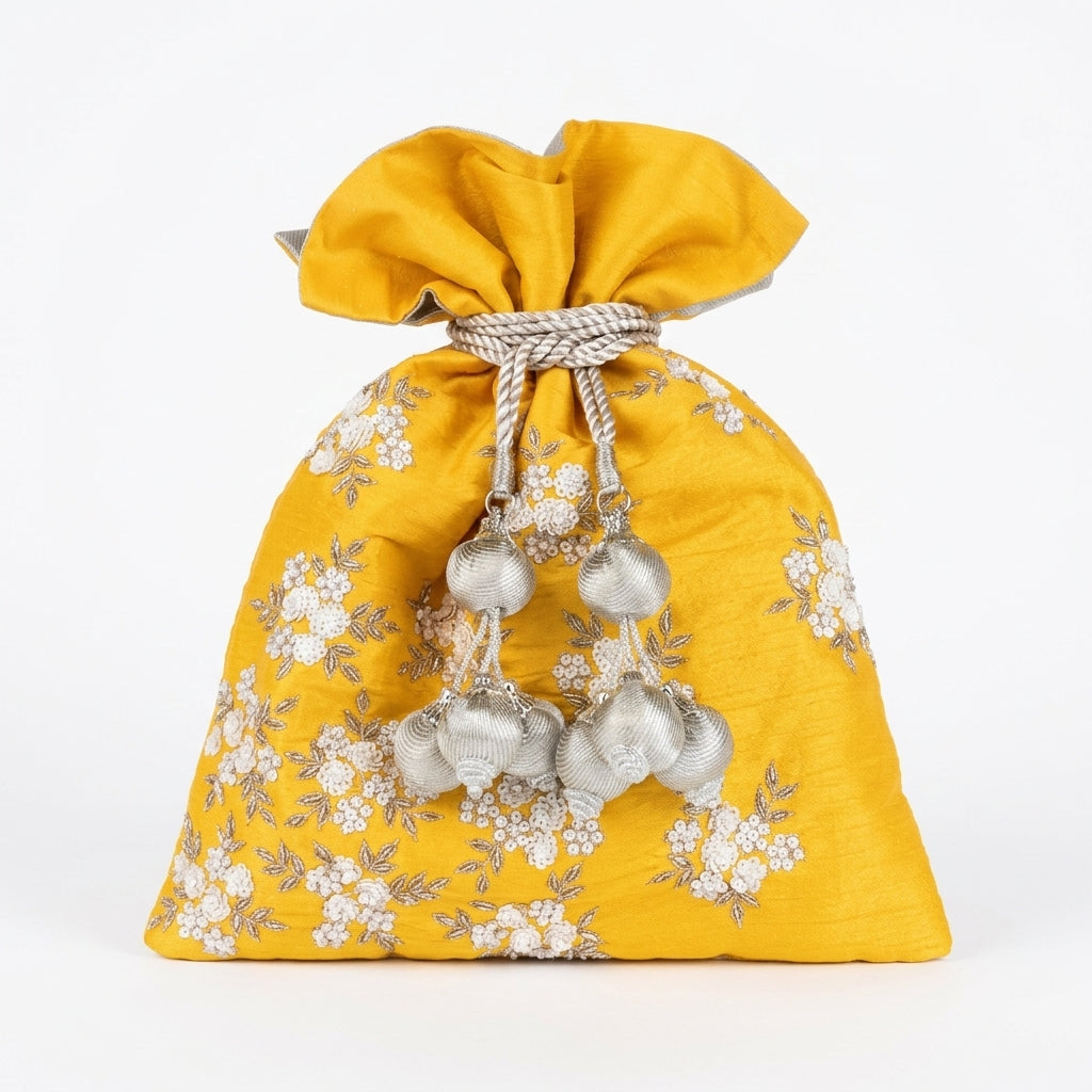 Dupion Sequence Cutdana Cluster Flower Placement Embroidery Potli - Yellow