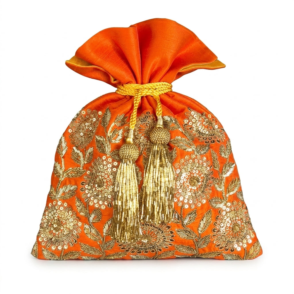 Dupion Silk Honeycomb Flower Jaal Embroidery Potli - Orange