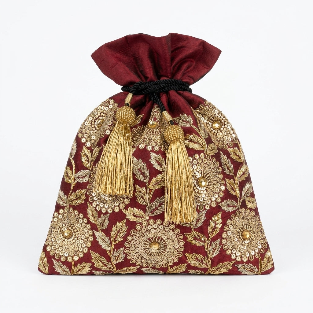 Dupion Silk Honeycomb Flower Jaal Embroidery Potli - Maroon