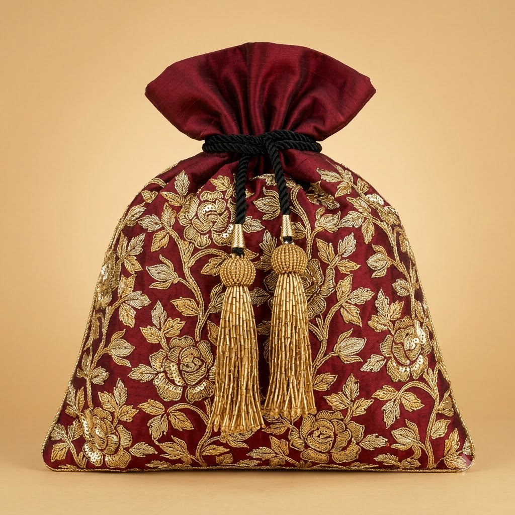 Dupion Silk Potli – Maroon | All-Over Gold Zardozi Rose Jaal with Sequins & Beaded Gold Tassel Drawstring | Women’s Designer Festive Potli
